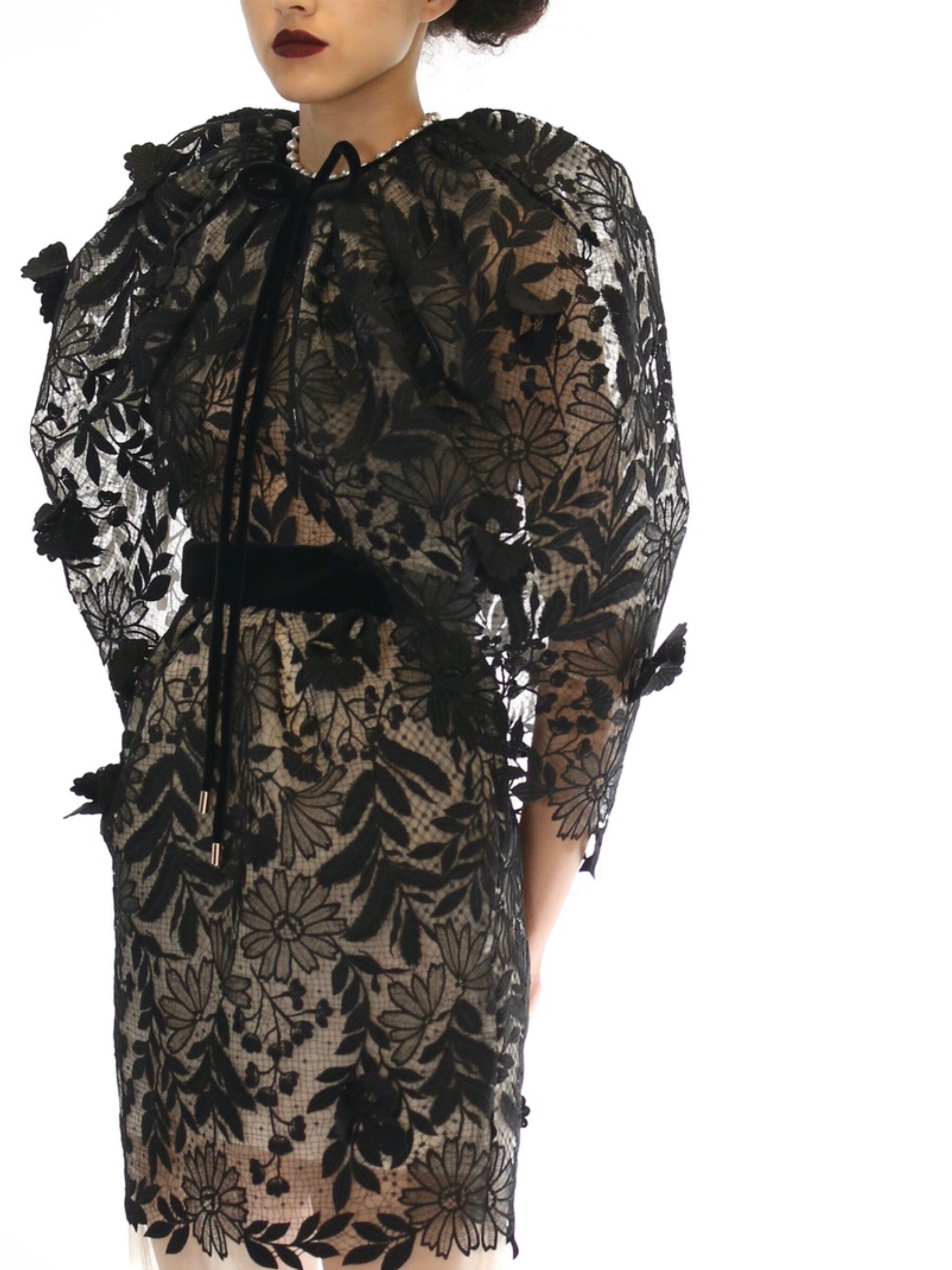 Guipure Lace Tulle Cape Jacket with Velvet Trims 3
