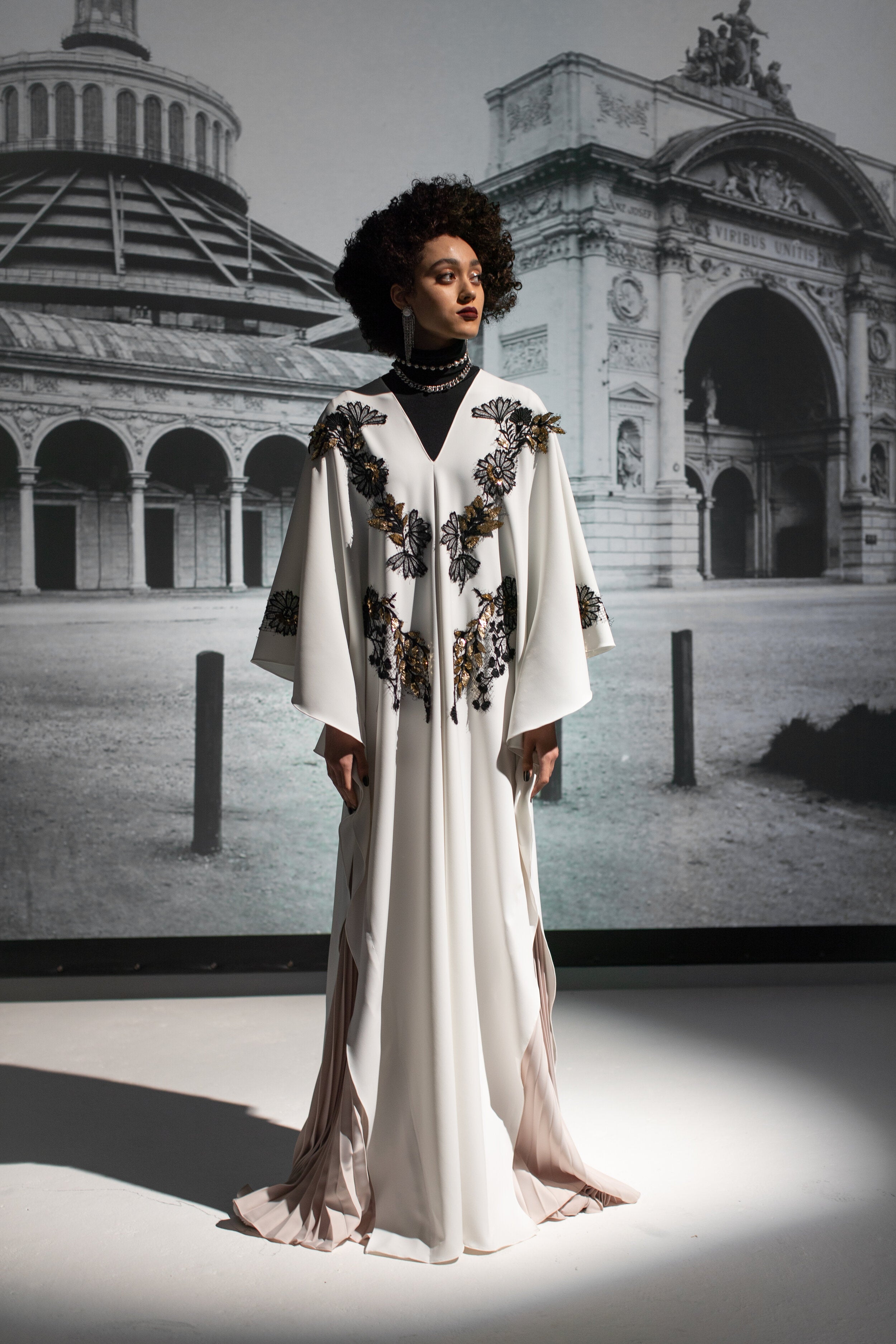 Crepe Kaftan with Gold Crystal Embroidery on Lace and Pleated 