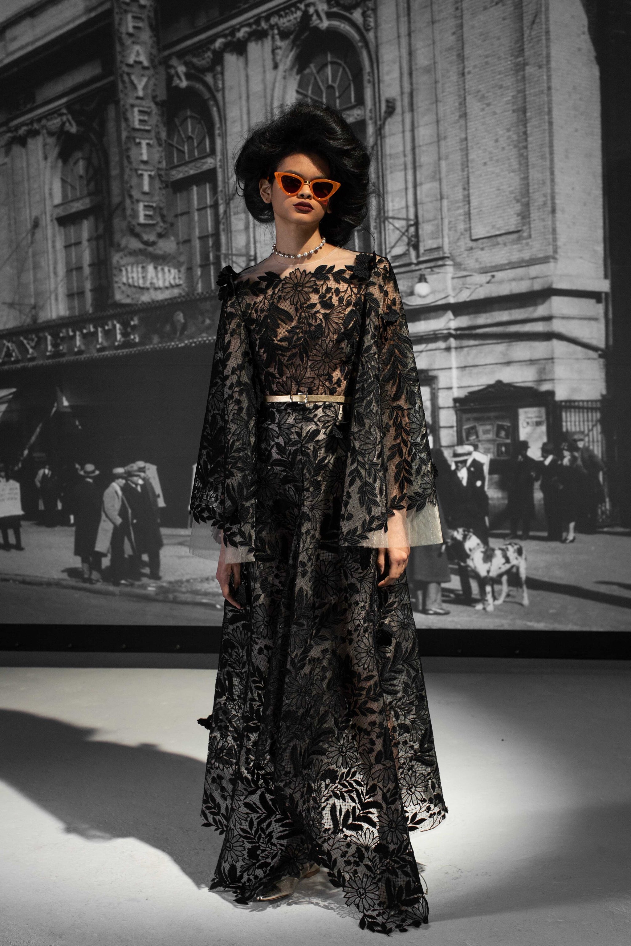 Guipure Lace Dress with Bell Sleeves and Handkerchief Hem