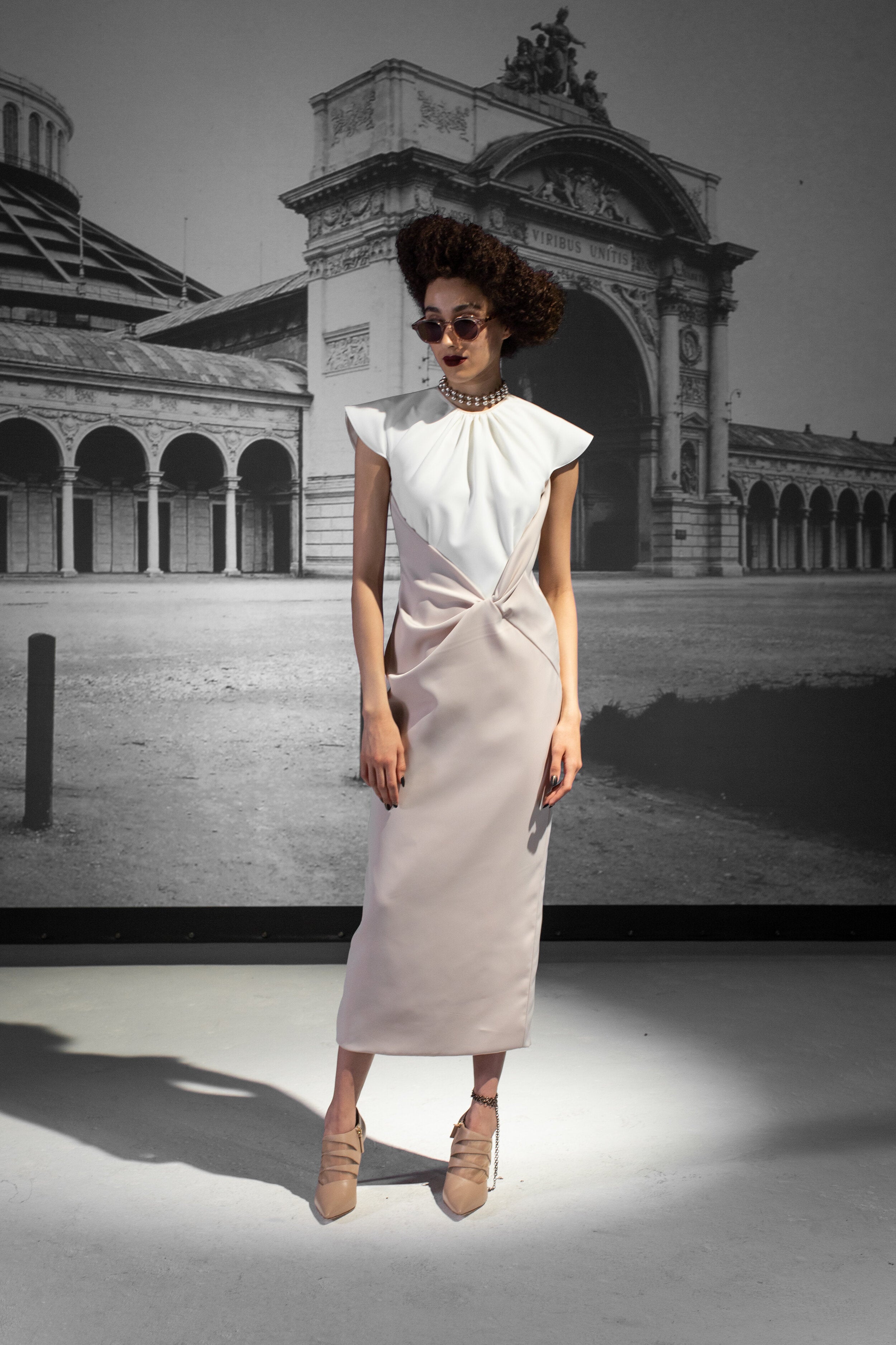 Color Blocked Crepe Dress with Front Twist Detail 1