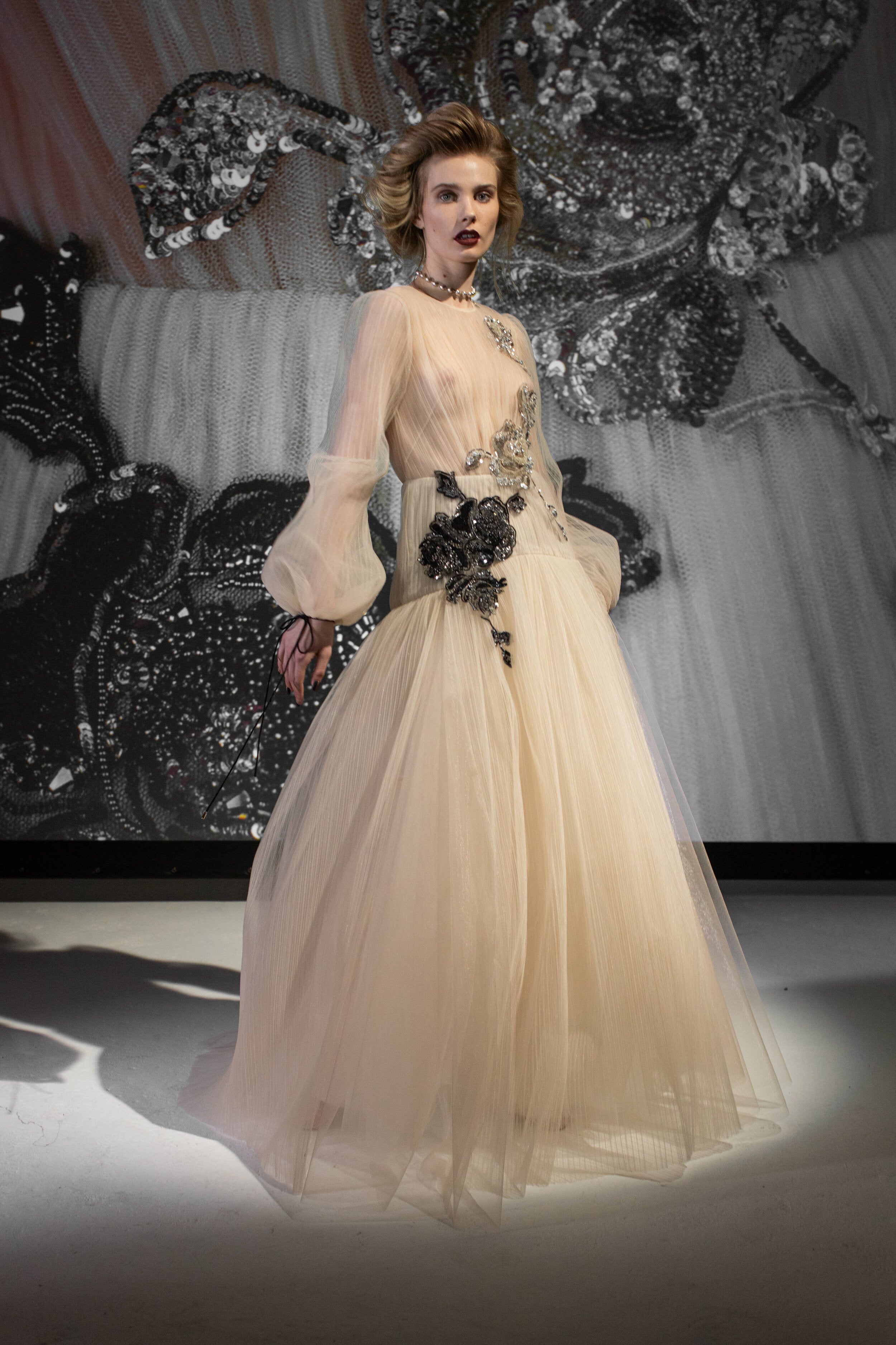 Crystal Embroidered Micro Pleated Tulle Gown