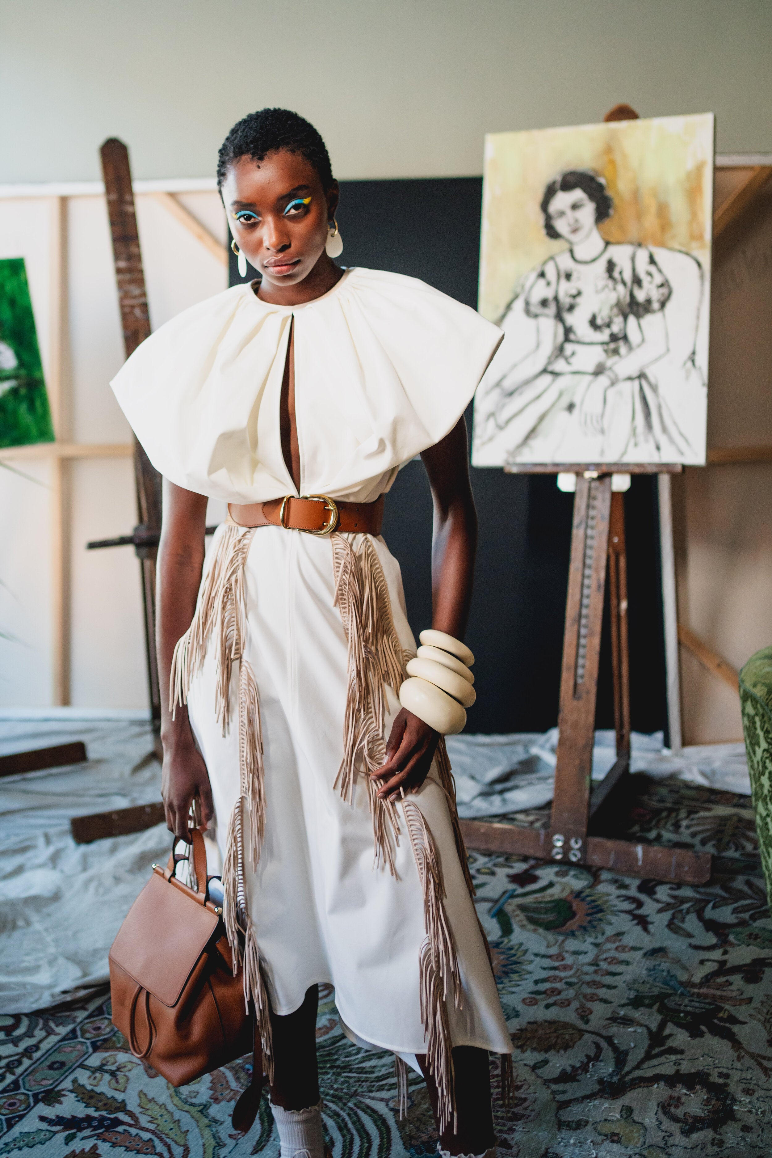 Supima Cotton Twill Dress with Draped Top and Fringes 1