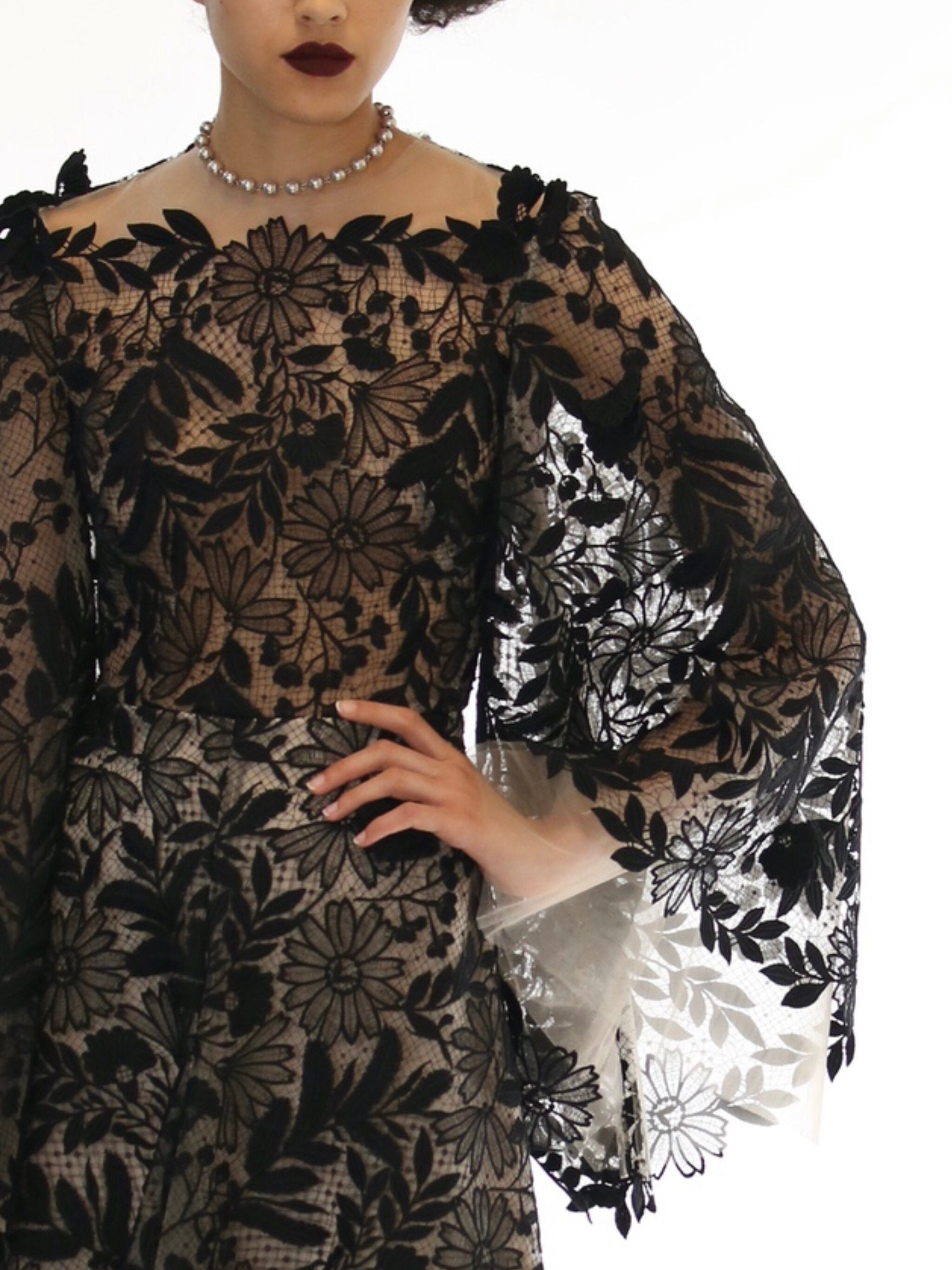 Guipure Lace Dress with Bell Sleeves and Handkerchief Hem 4