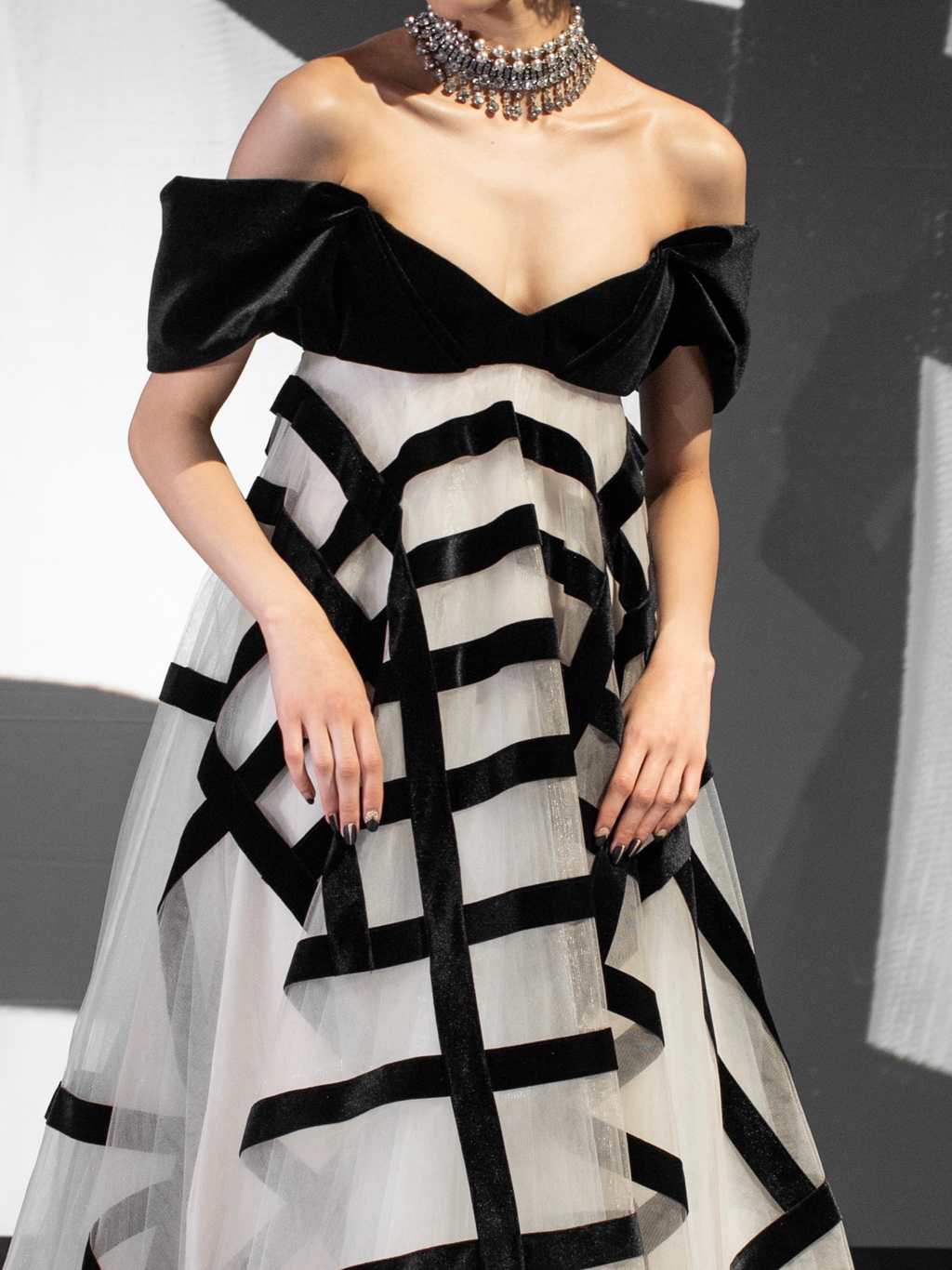 Strapless Tulle Gown with Velvet Bias Stripe Embroidery and Sleeve Caps 4
