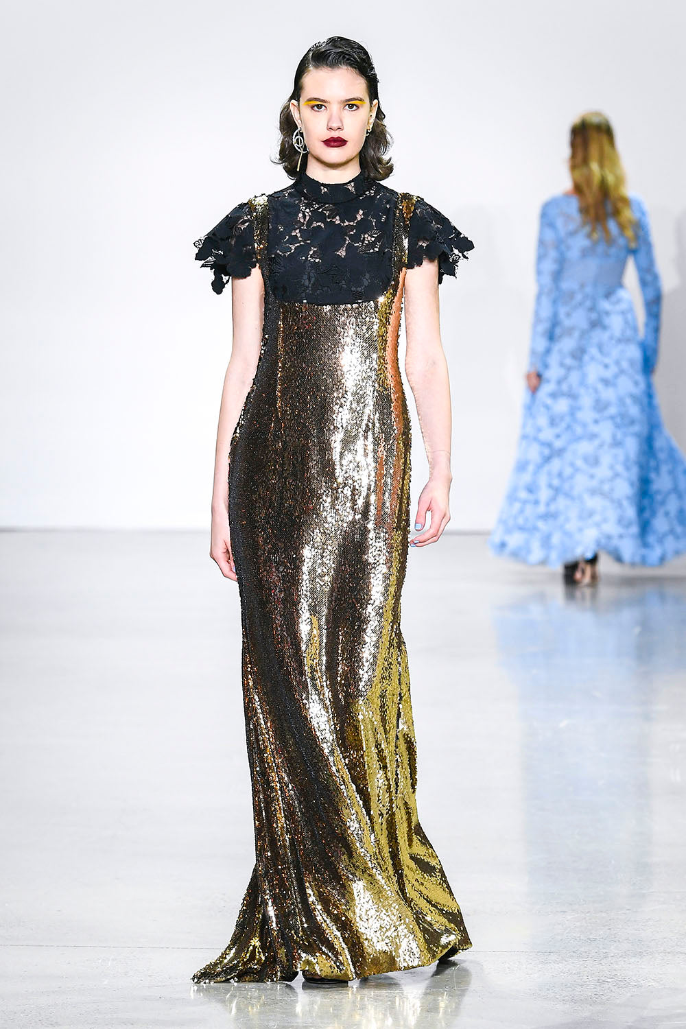 runway sequin dress Sequin Gown with Lace Bodice Detail