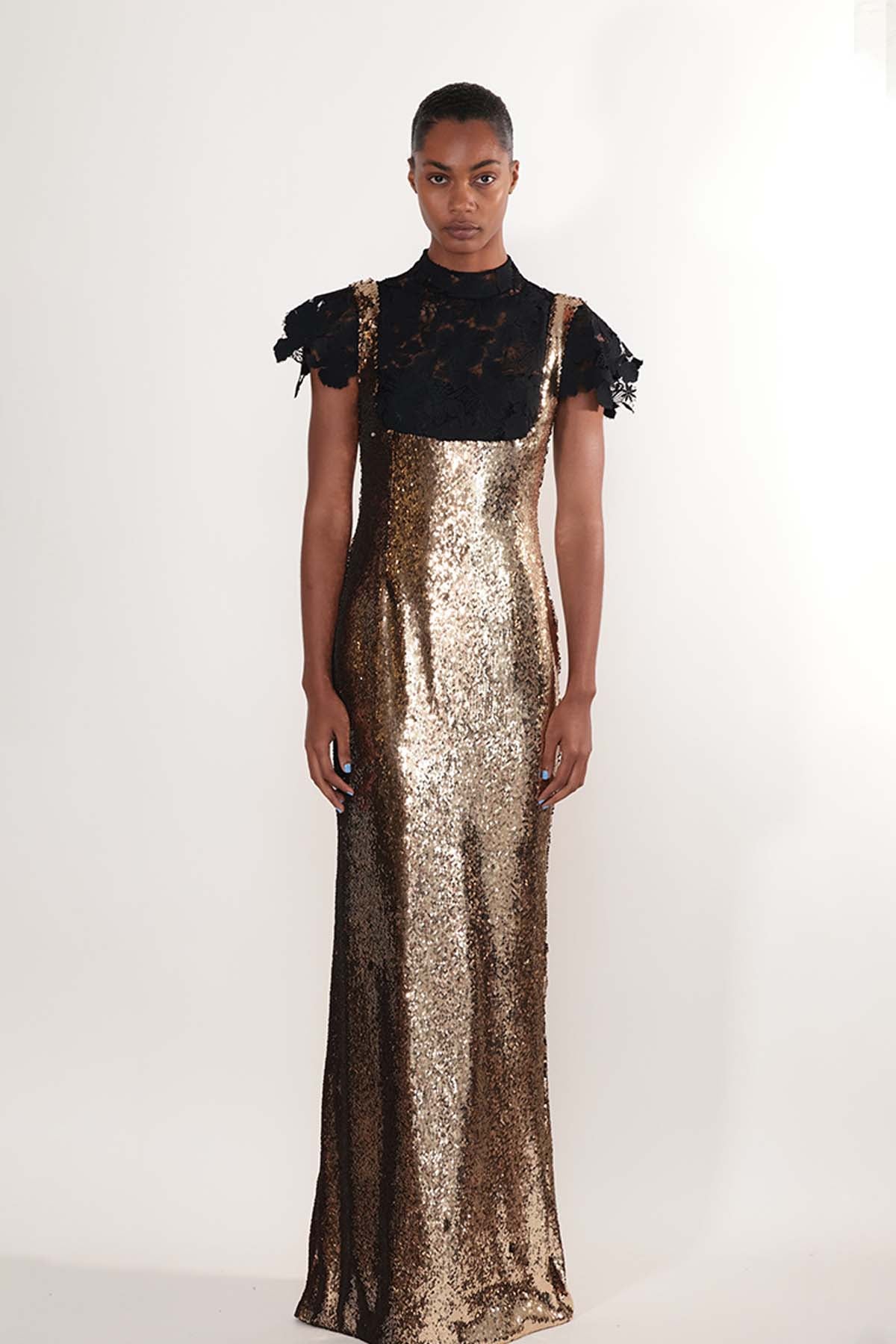 Sequin Gown with Lace Bodice Detail 3