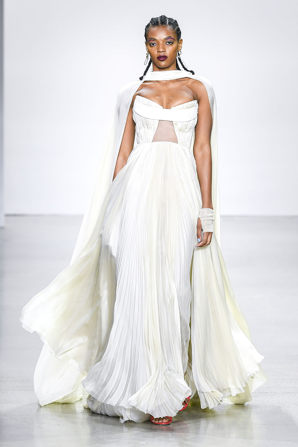 Pleated Silk Chiffon Strapless Gown with Cape Detail 1