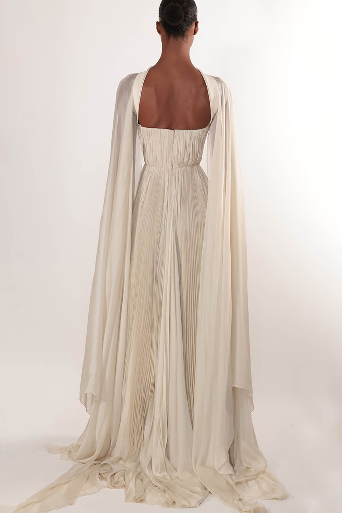 Pleated Silk Chiffon Strapless Gown with Cape Detail 2