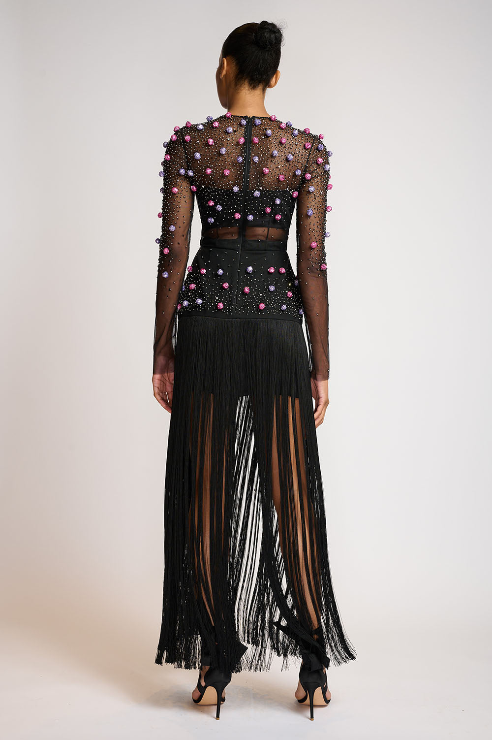 Onyx tulle and Crepe dress with Tassel Hem and Sequined Pearl Embroidery 3