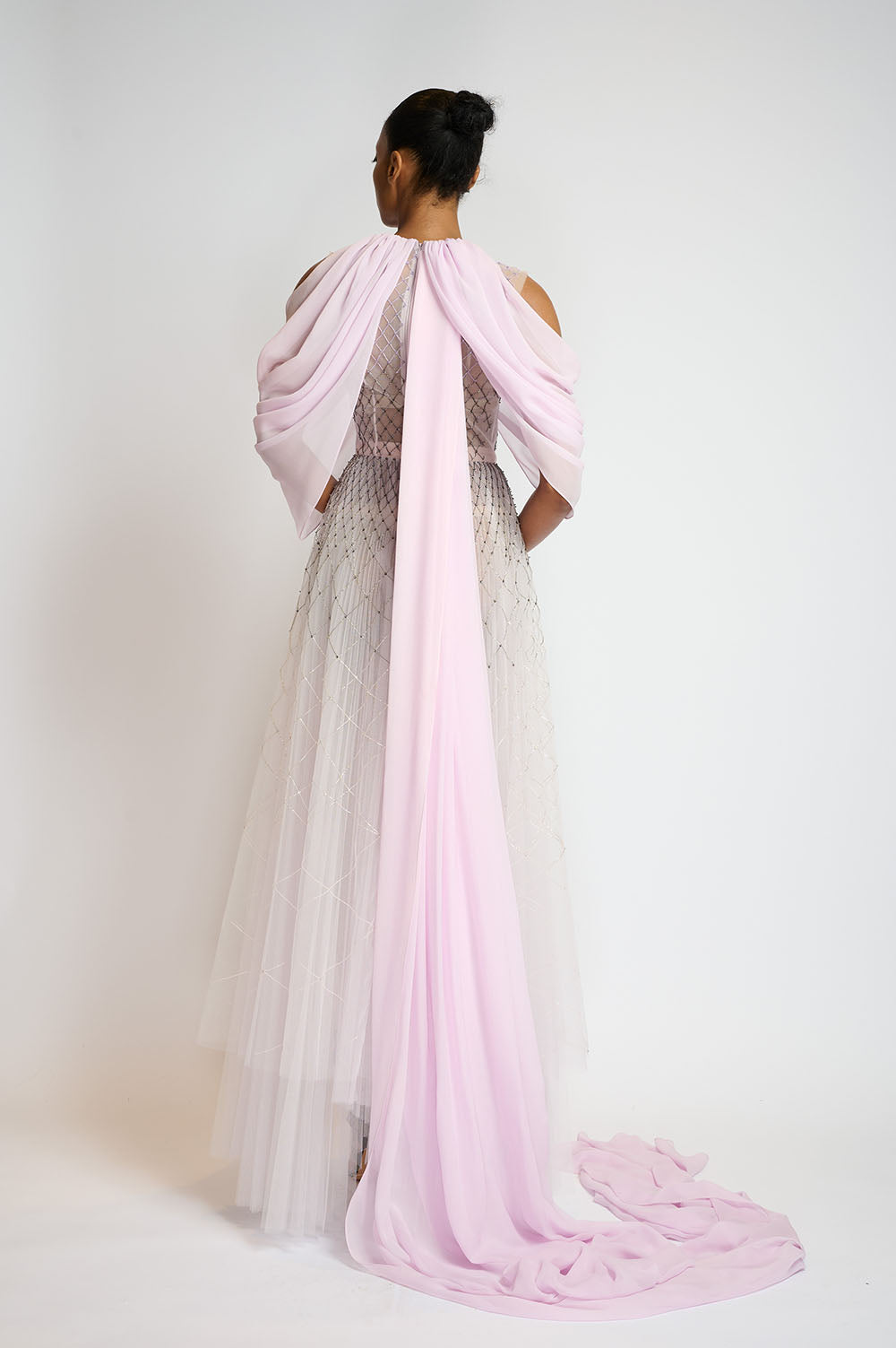 Crystal Lattice Embroidery Lilac Tulle Gown With Silk Chiffon Drape 3