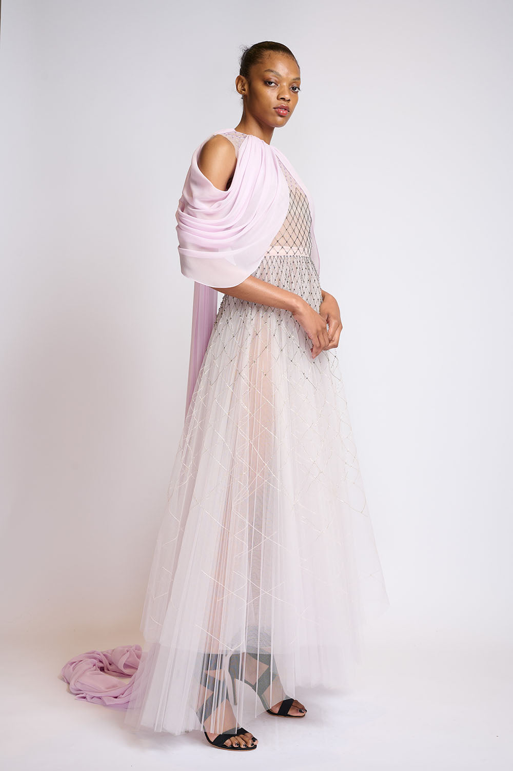 Crystal Lattice Embroidery Lilac Tulle Gown With Silk Chiffon Drape 2