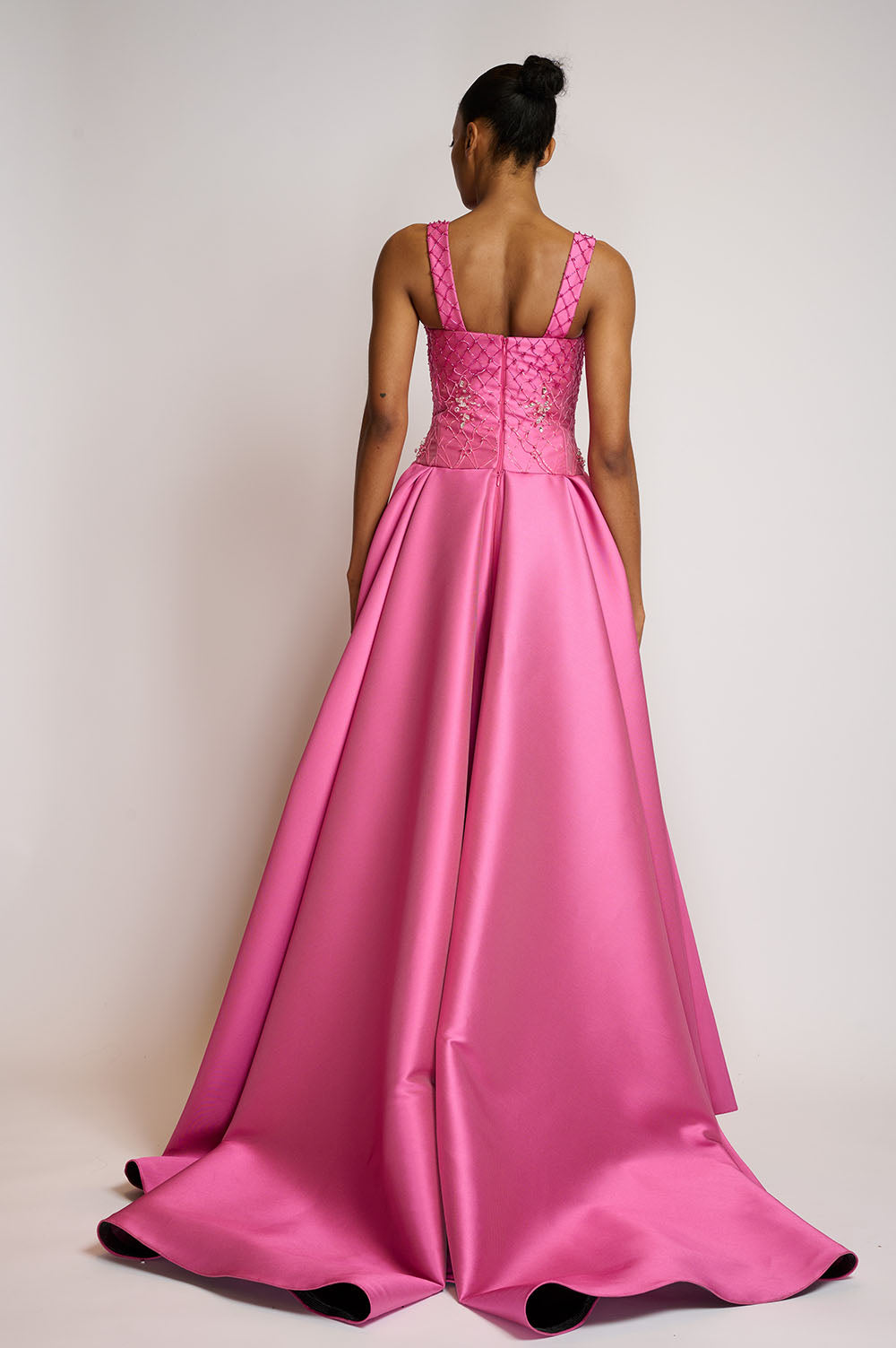 French Fuchsia Double Faced Satin Gown with Crystal Lattice Embroidery 3