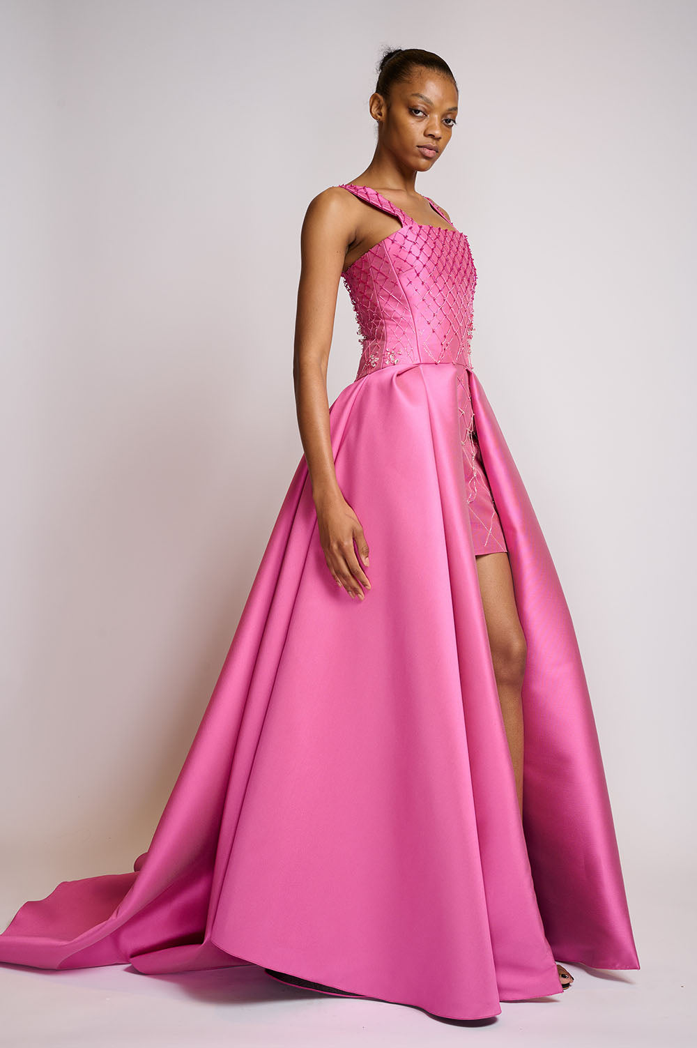 French Fuchsia Double Faced Satin Gown with Crystal Lattice Embroidery 2