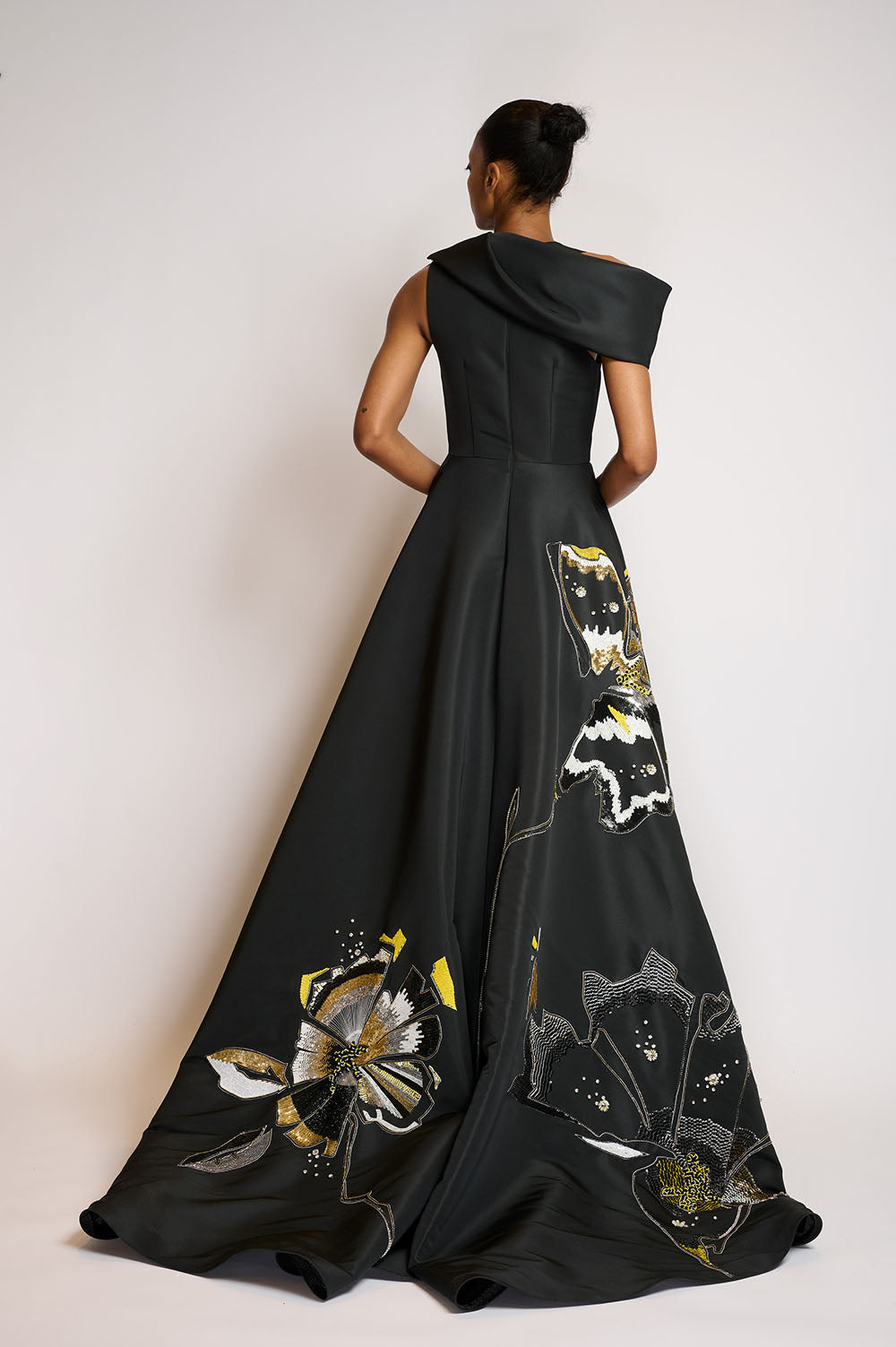 Onyx Faille Gown with Off-Shoulder Bodice and crystal Hibiscus Embroidery 3