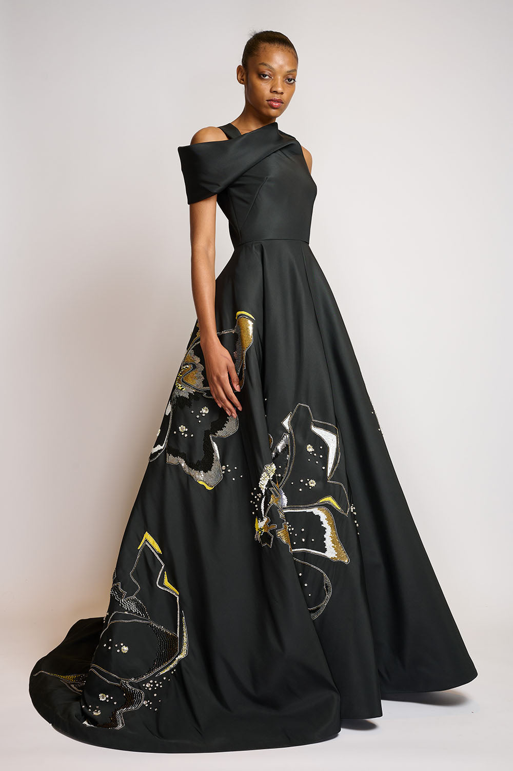 Onyx Faille Gown with Off-Shoulder Bodice and crystal Hibiscus Embroidery 2