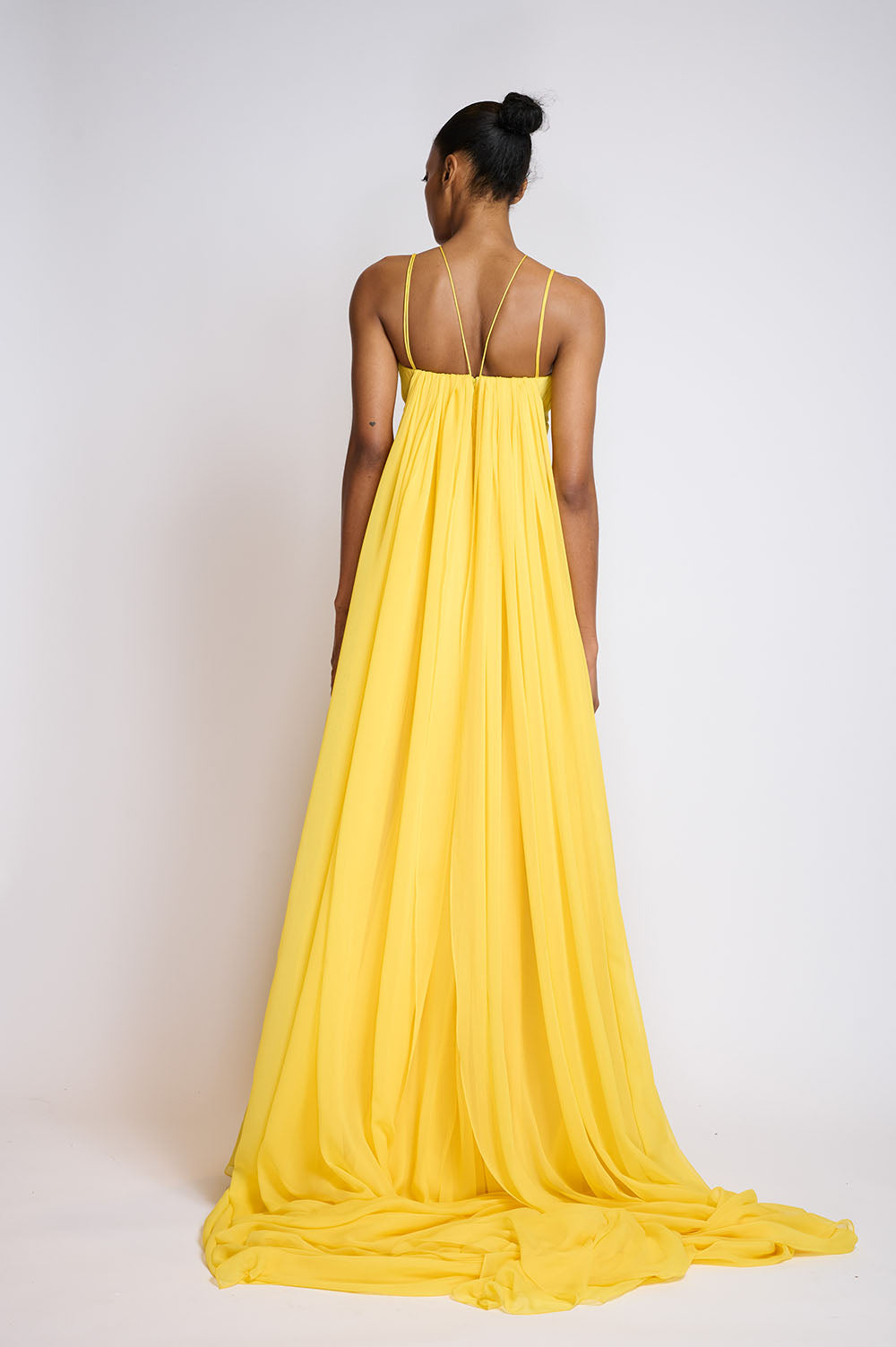 Hand Pleated Daffodil Silk Chiffon Gown With Cape 3