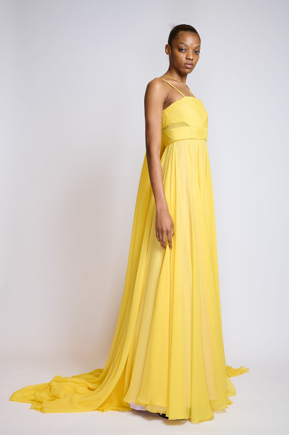 Hand Pleated Daffodil Silk Chiffon Gown With Cape 2