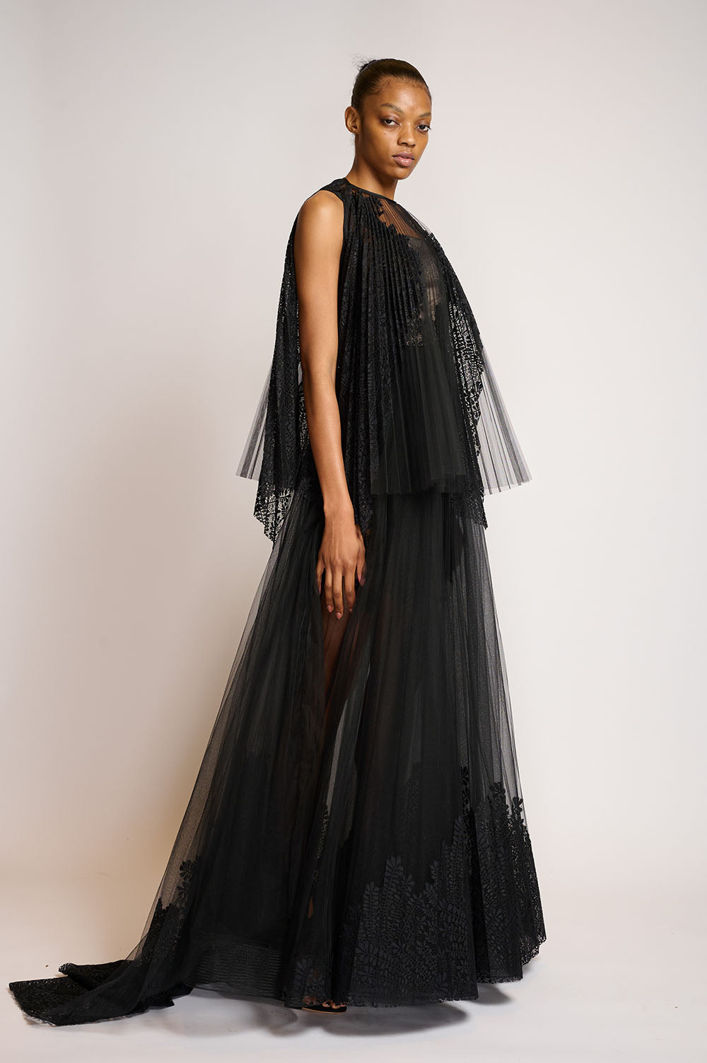 Pleated Locust Leaf lace Gown with Halter Pleated Top 2