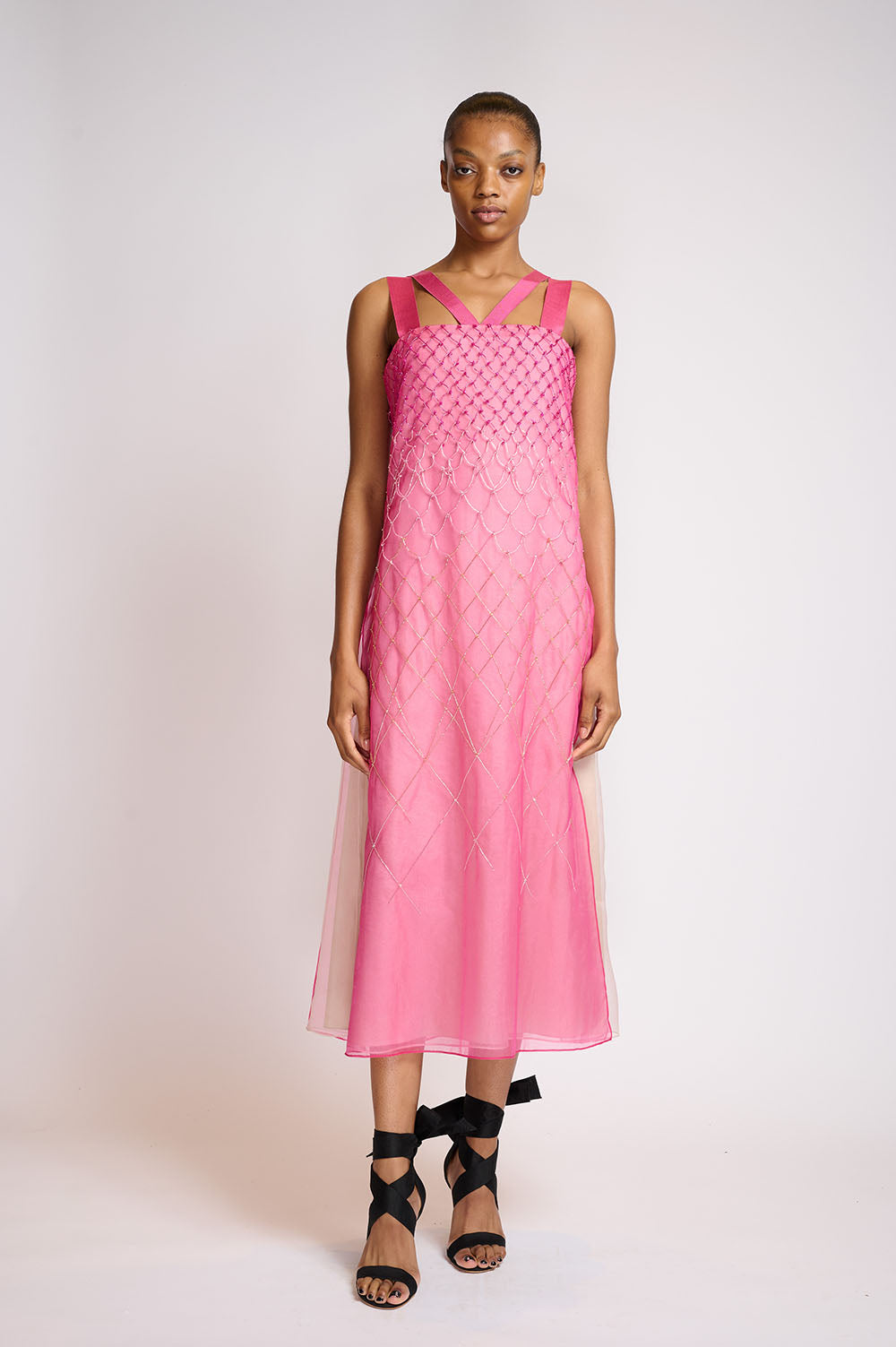 French Fuchsia Organza Dress With lattice Embroidery 1