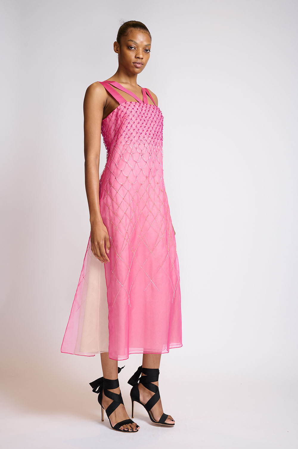 French Fuchsia Organza Dress With lattice Embroidery 2