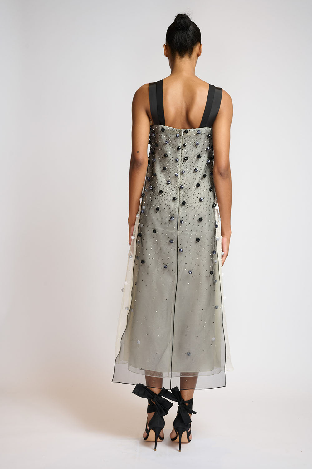 Onyx and Porcelain Silk Organza Dress with Sequined Pearl Embroidery 3
