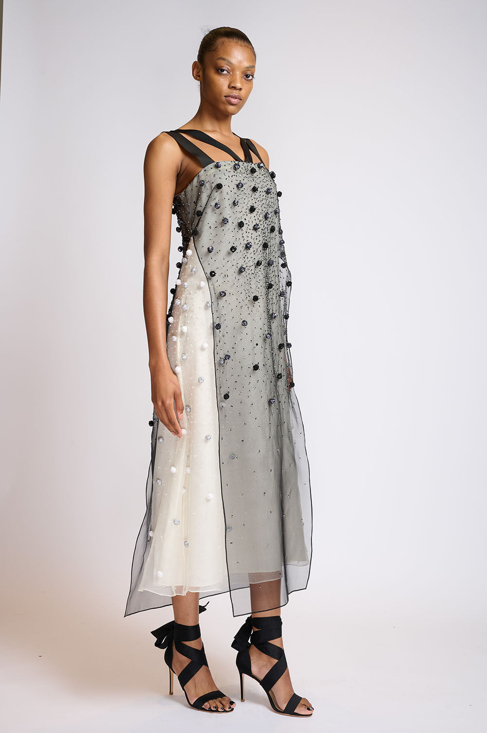 Onyx and Porcelain Silk Organza Dress with Sequined Pearl Embroidery 2