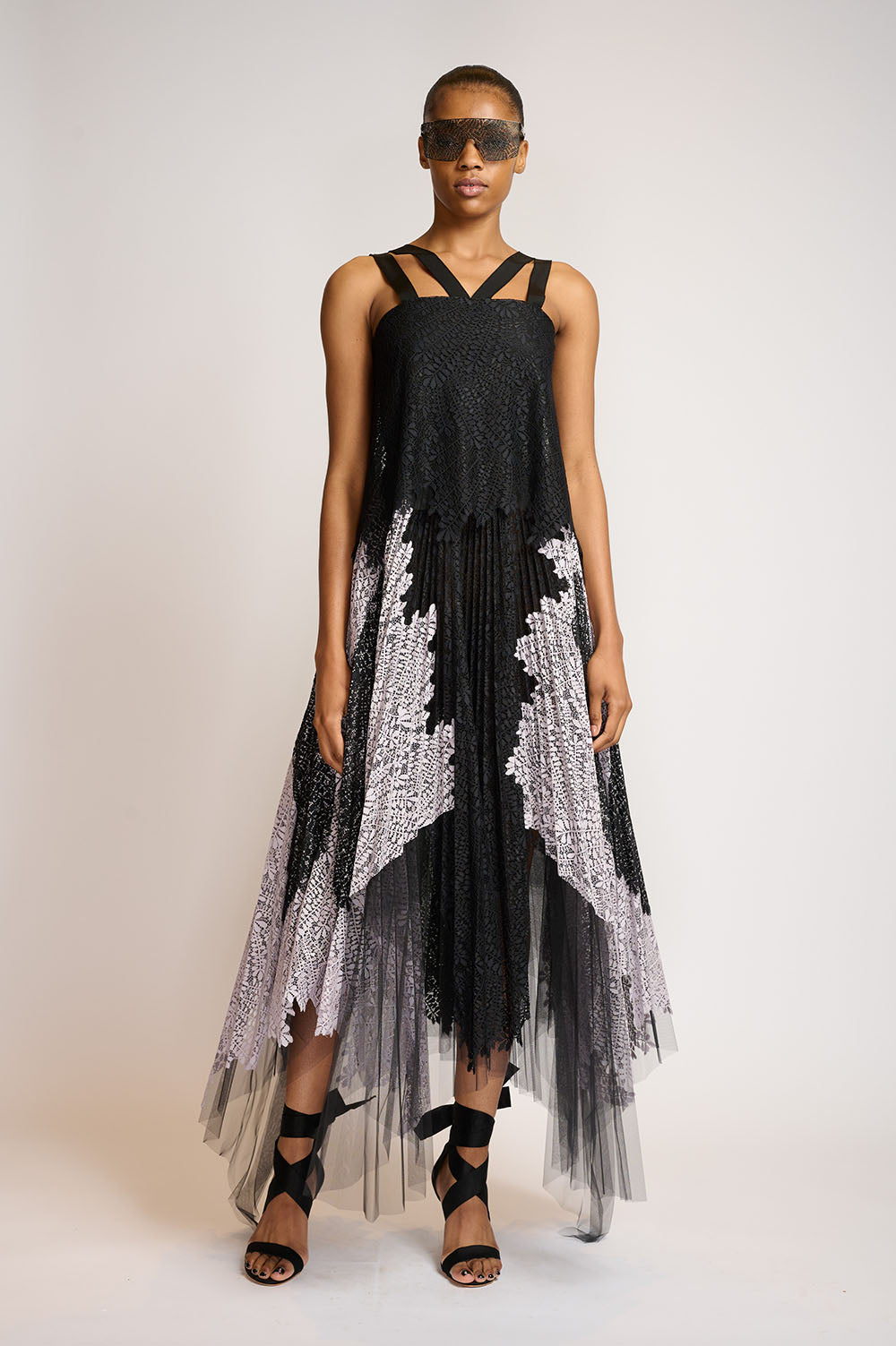 Onyx and Lilac Locust Leaf Applique dress with Asymentrical Pleated hemline 3