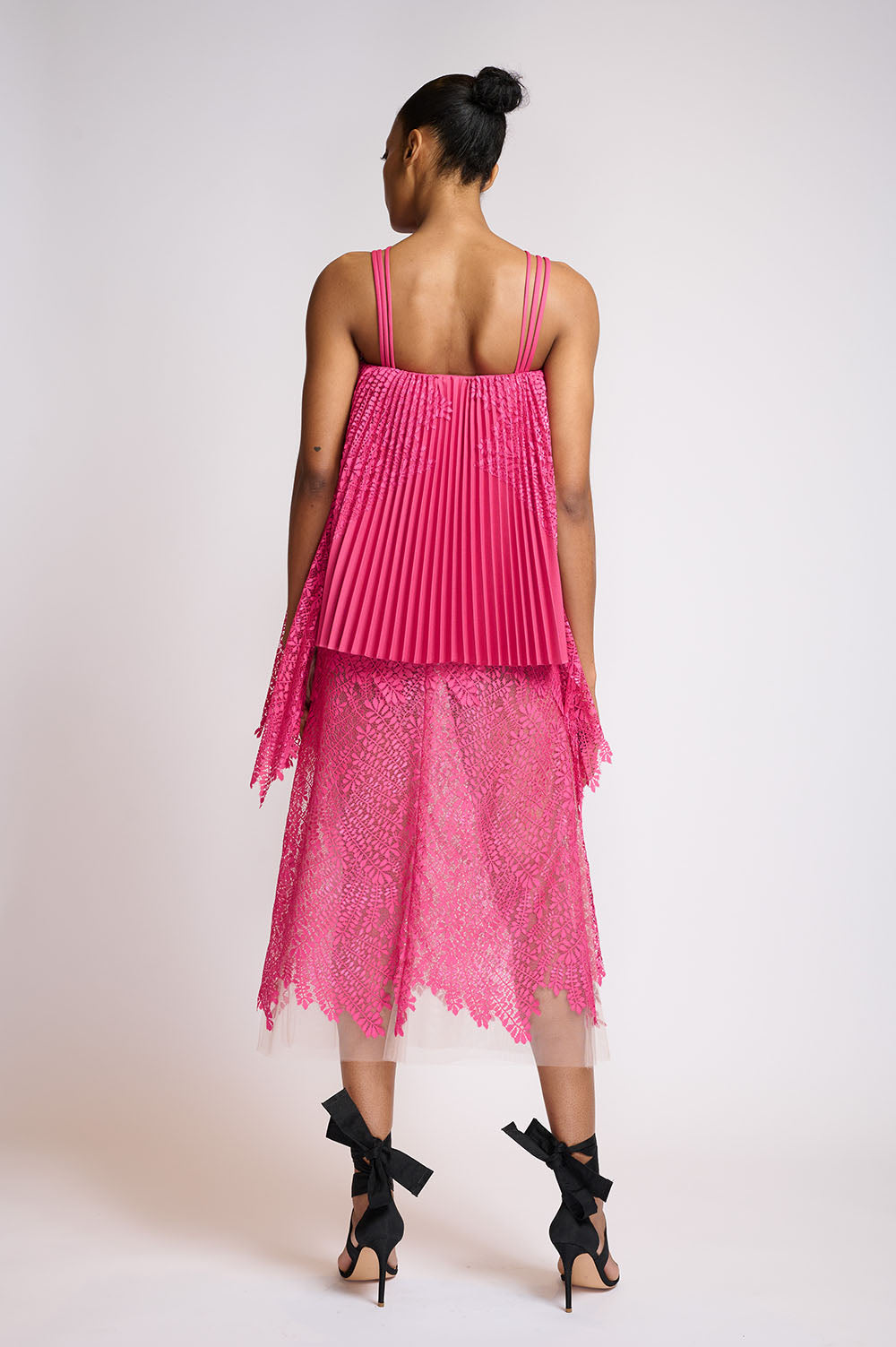 Pleated French Fuchsia and Locust Leaf Lace Dress 3