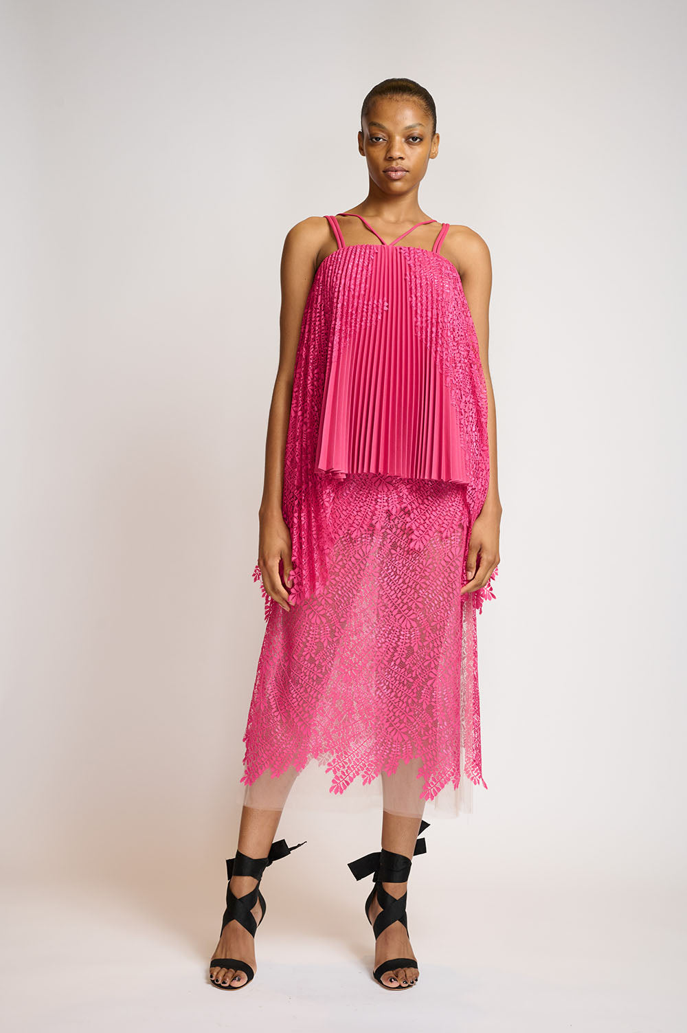 Pleated French Fuchsia and Locust Leaf Lace Dress 1