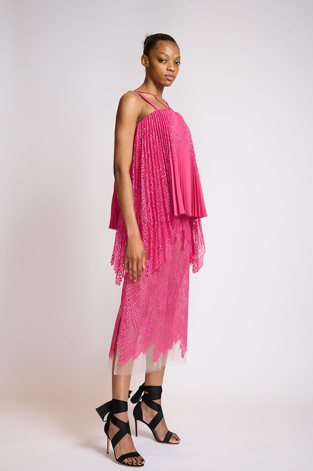 Pleated French Fuchsia and Locust Leaf Lace Dress 2
