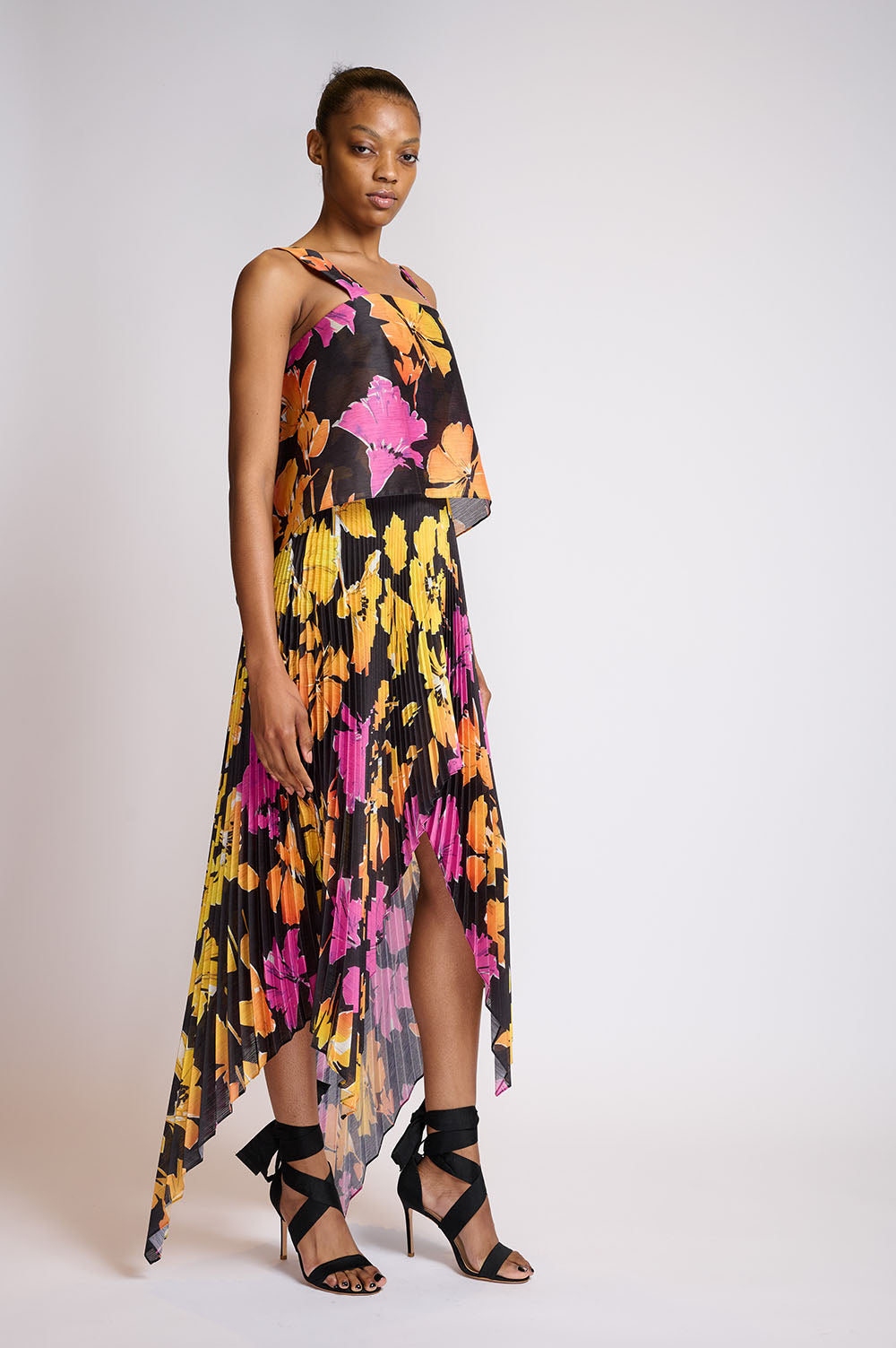 Ombre Hibiscus Printed Dress with Asysmetric Pleated Skirt 2