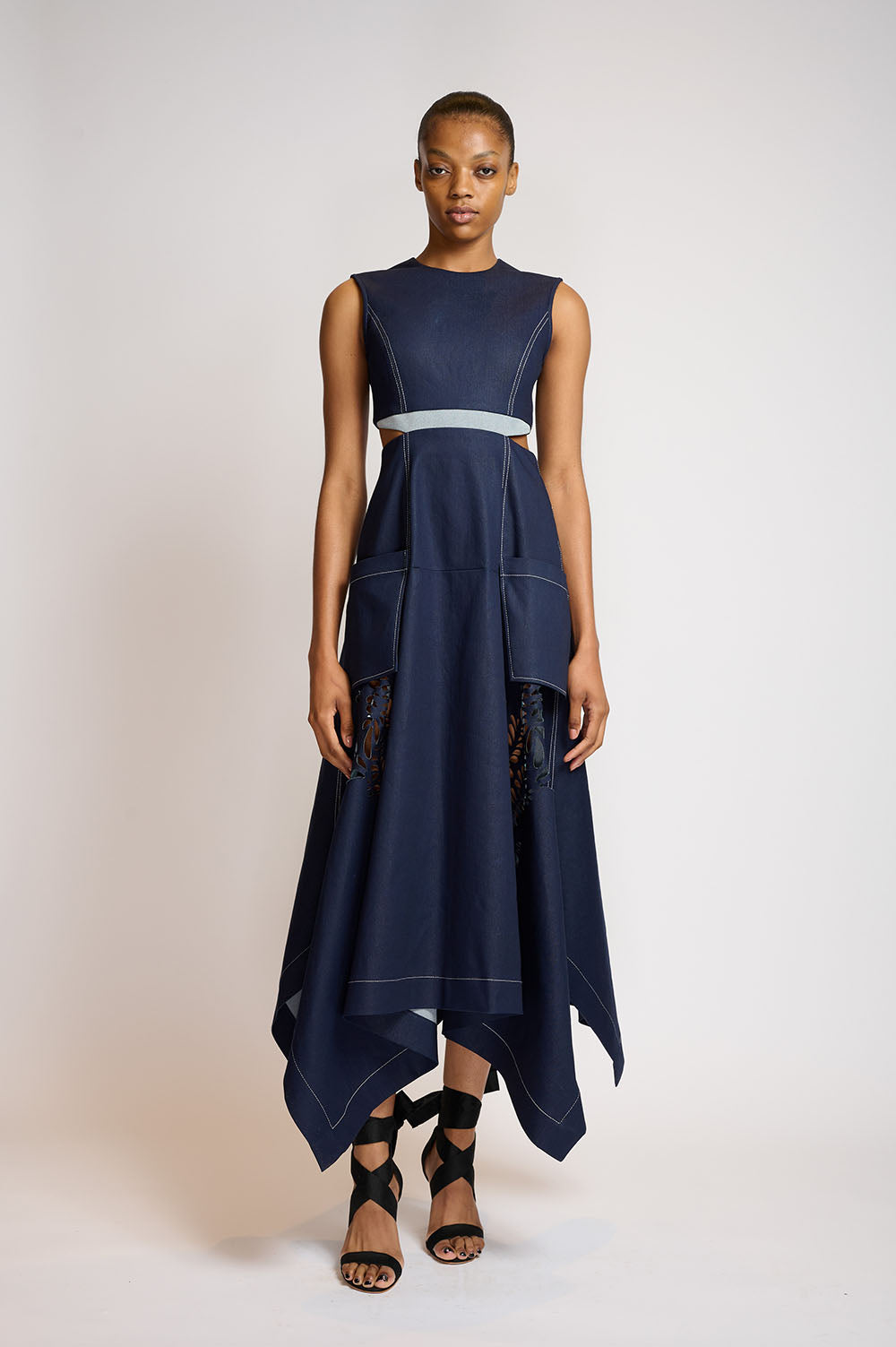 Indigo Denim Safari dress with Floral Precision Cut Skirt 1