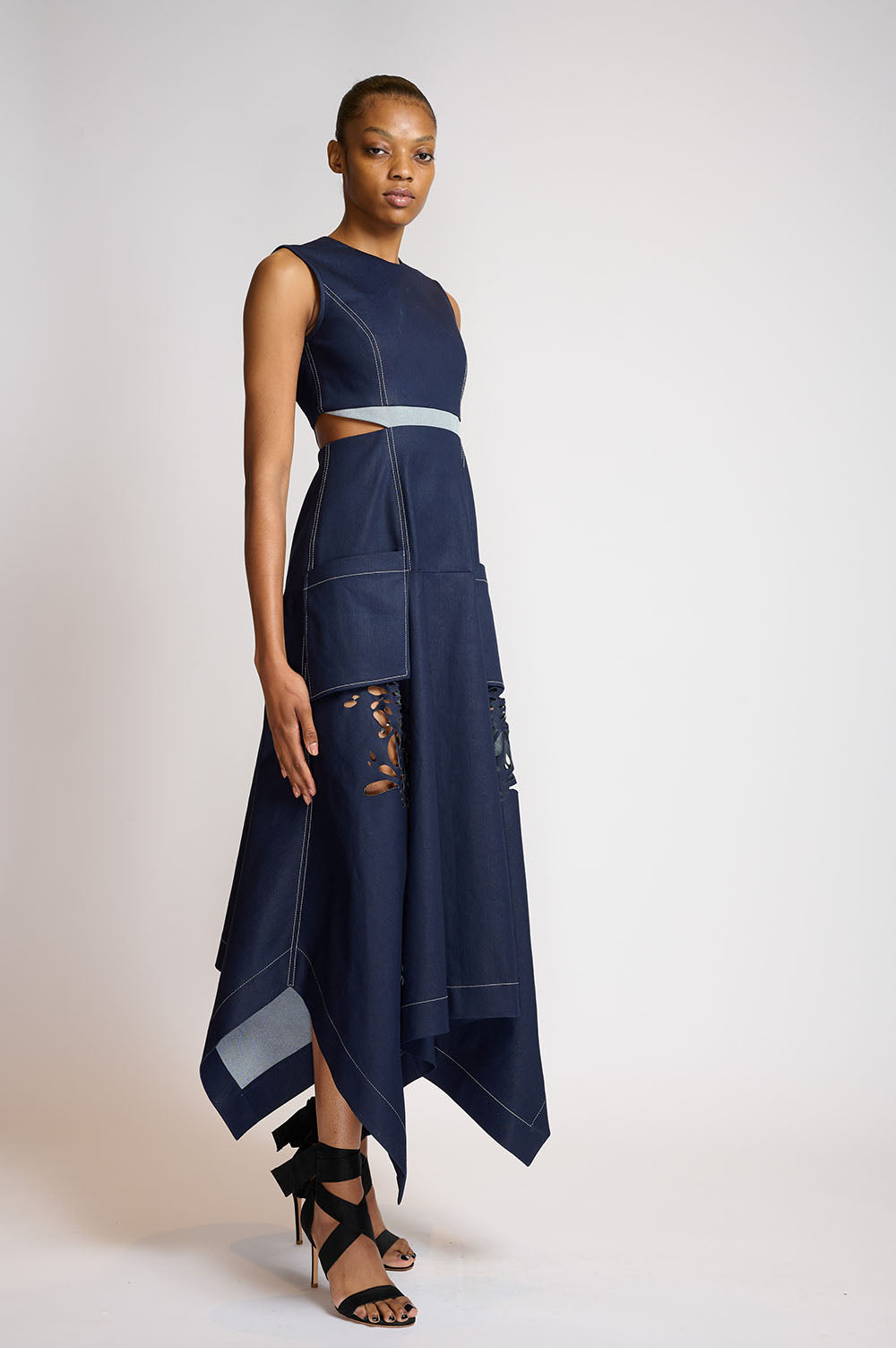 Indigo Denim Safari dress with Floral Precision Cut Skirt 2