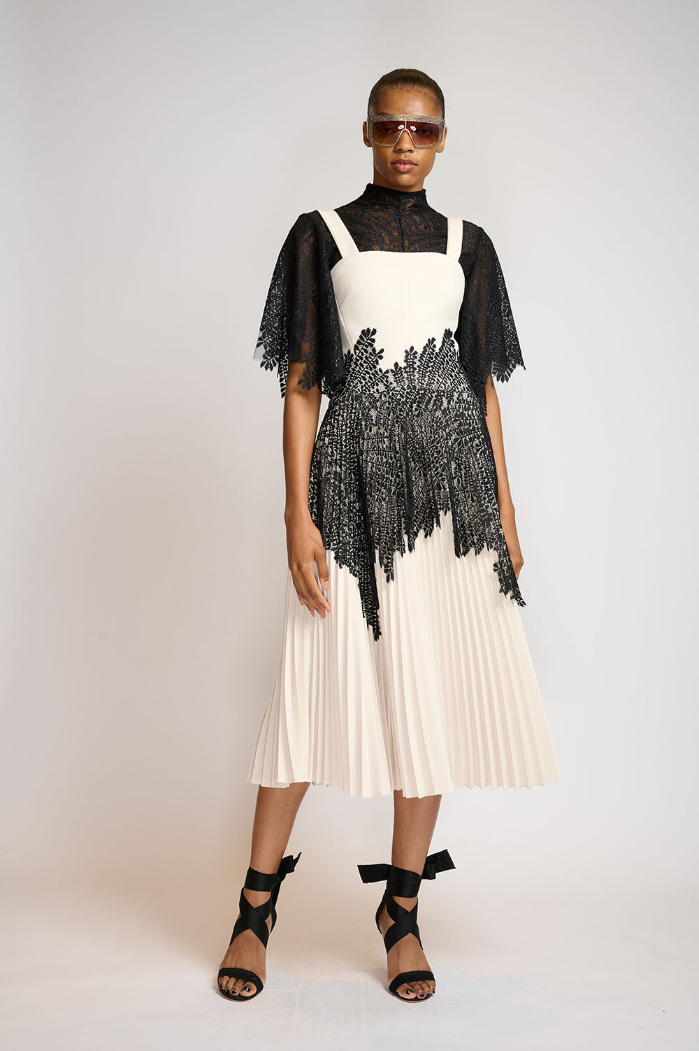 Porcelain Cady Pleated Dress with Locust Leaf Applique 1