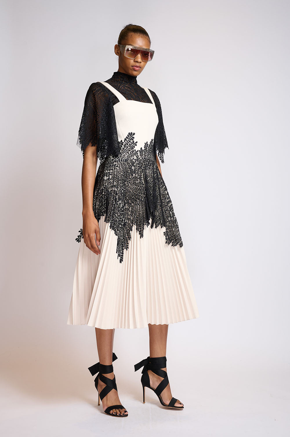 Porcelain Cady Pleated Dress with Locust Leaf Applique 2
