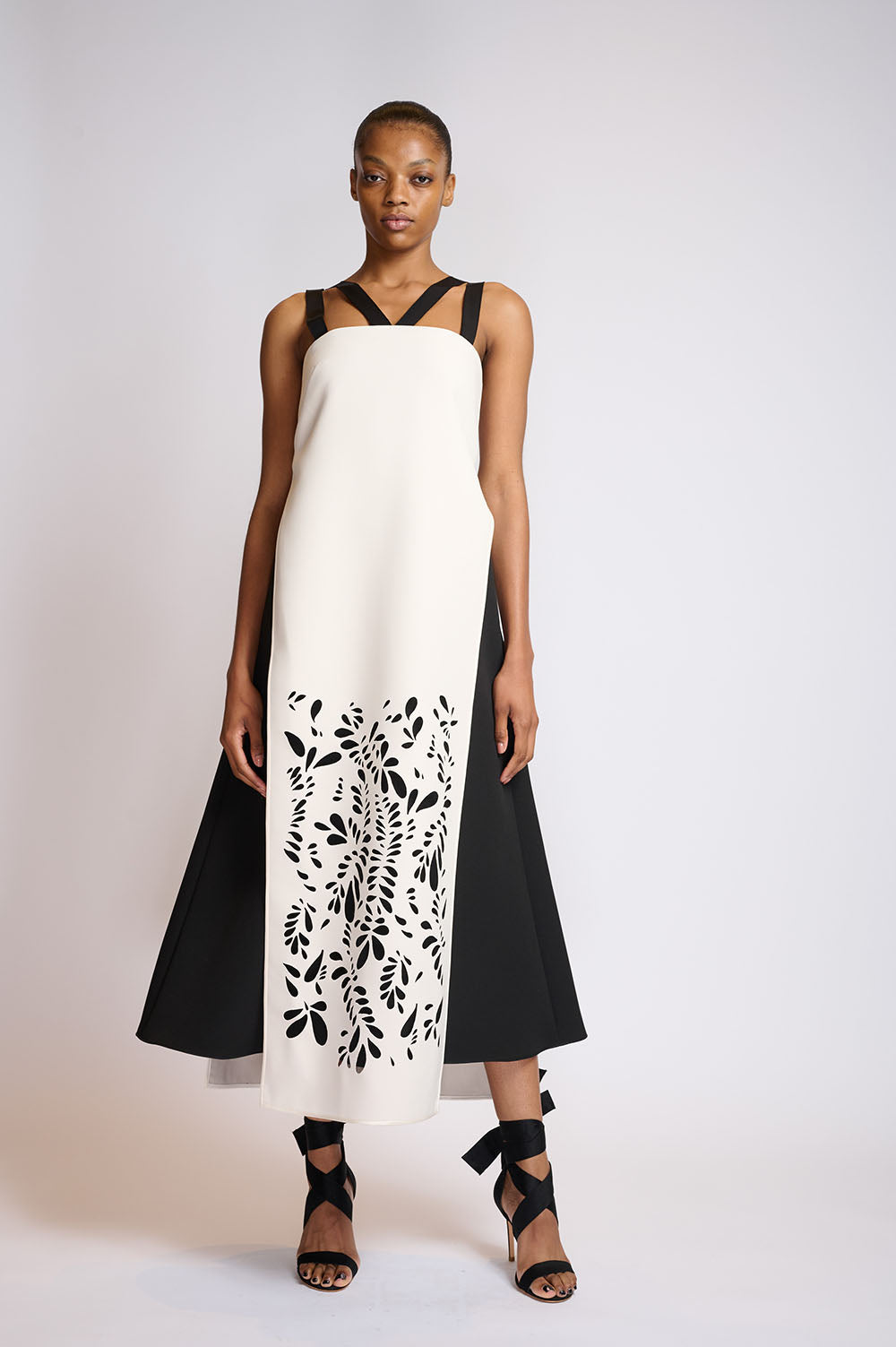 Porcelain and Onyx Cady Sheath Dress with Floral Precision Cut Overlay 1