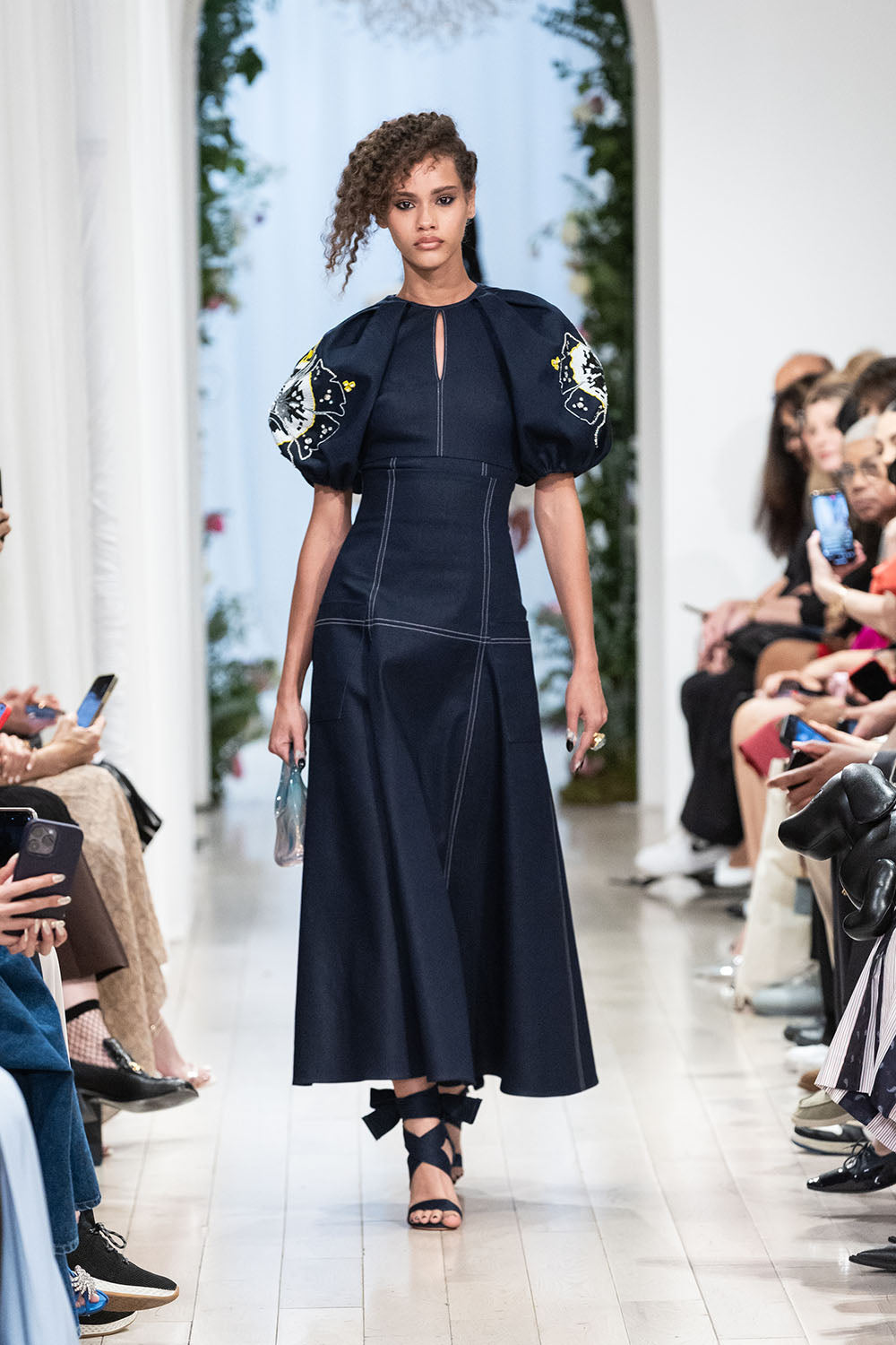 Indigo denim top with crystal hibiscus embroidery 4