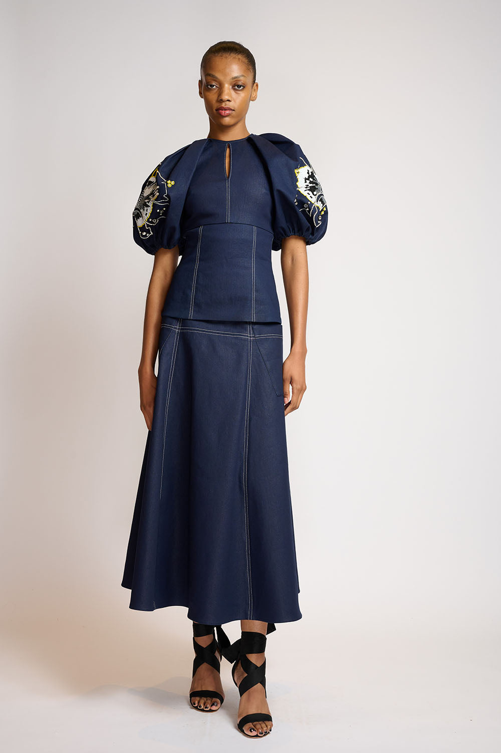 Indigo denim top with crystal hibiscus embroidery 1