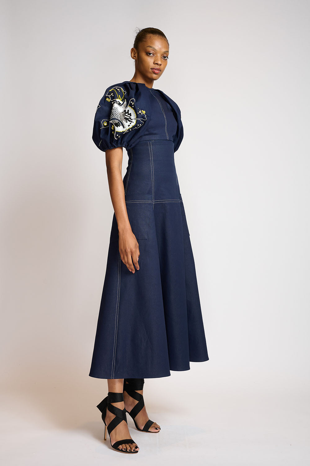 Indigo denim top with crystal hibiscus embroidery 2