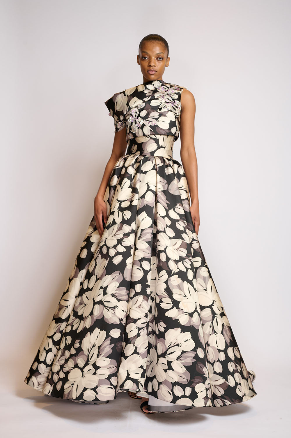 Sepia blossom printed twill embroidered top 1