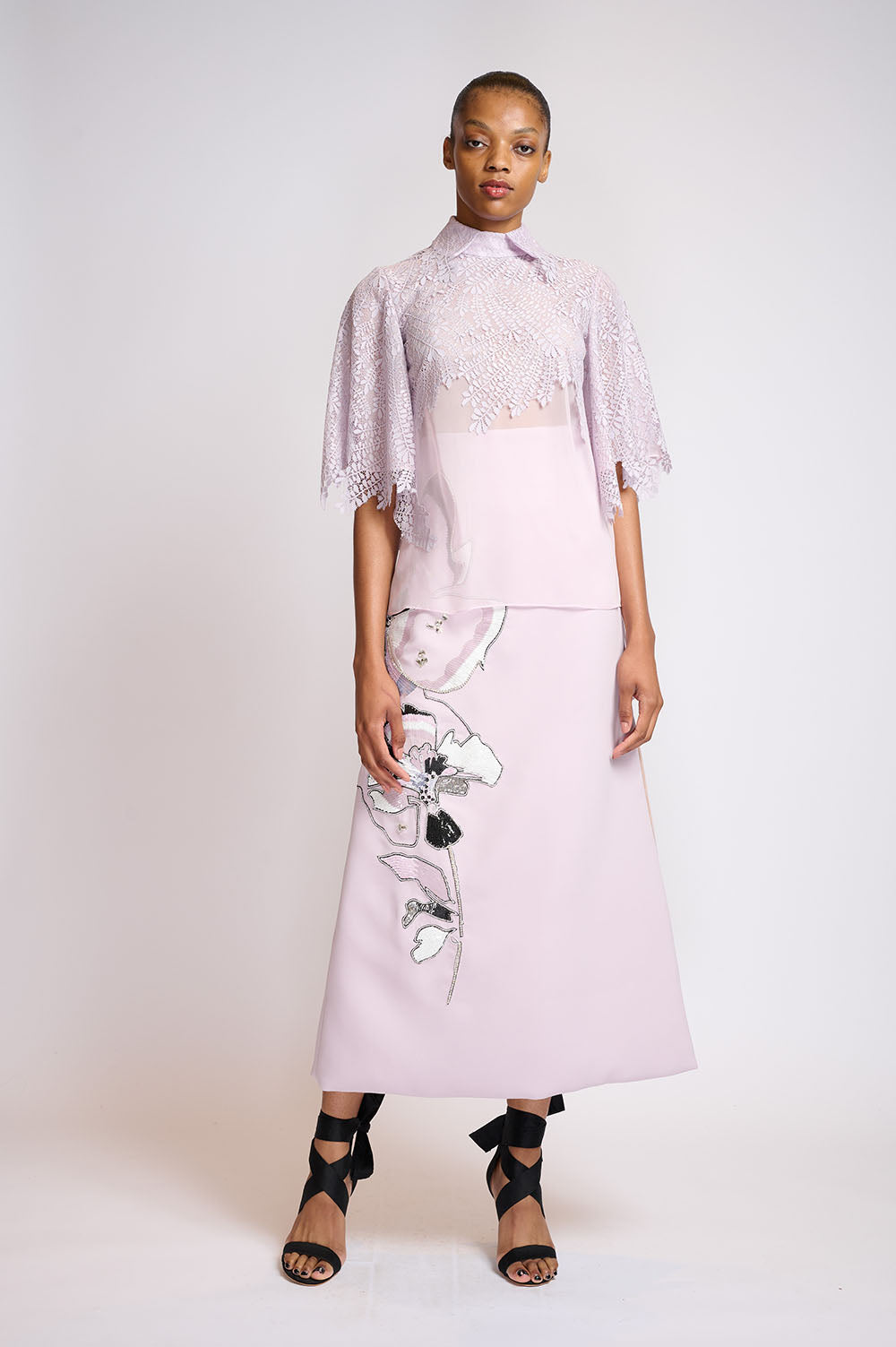 Lilac chiffon and locust leaf lace applique blouse 1