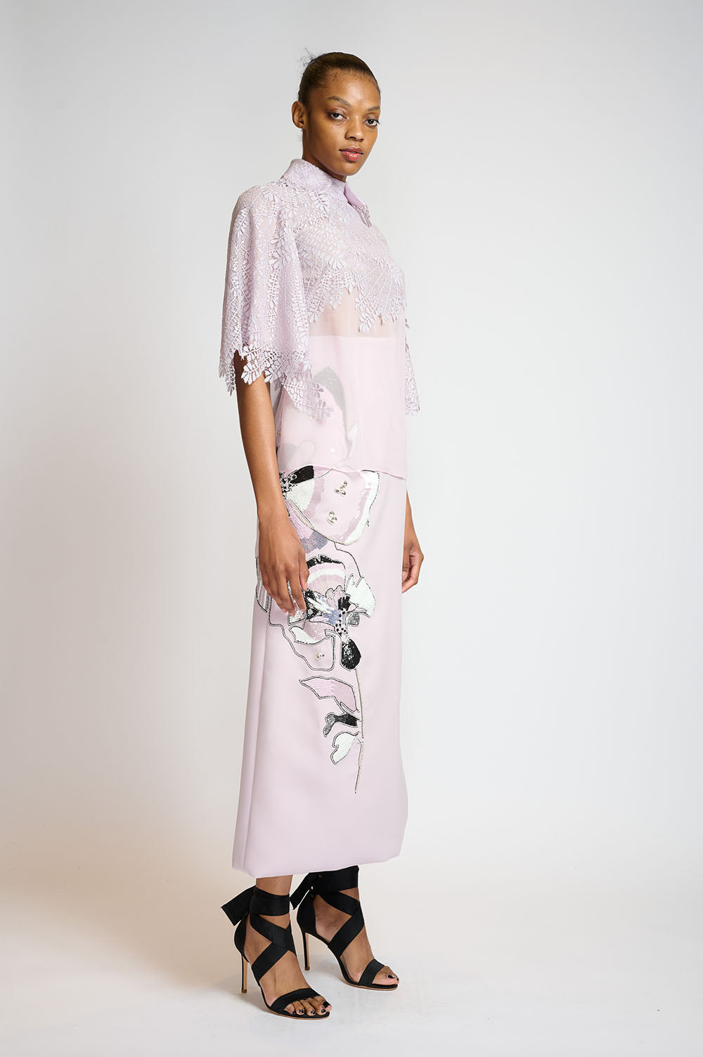 Lilac chiffon and locust leaf lace applique blouse 2