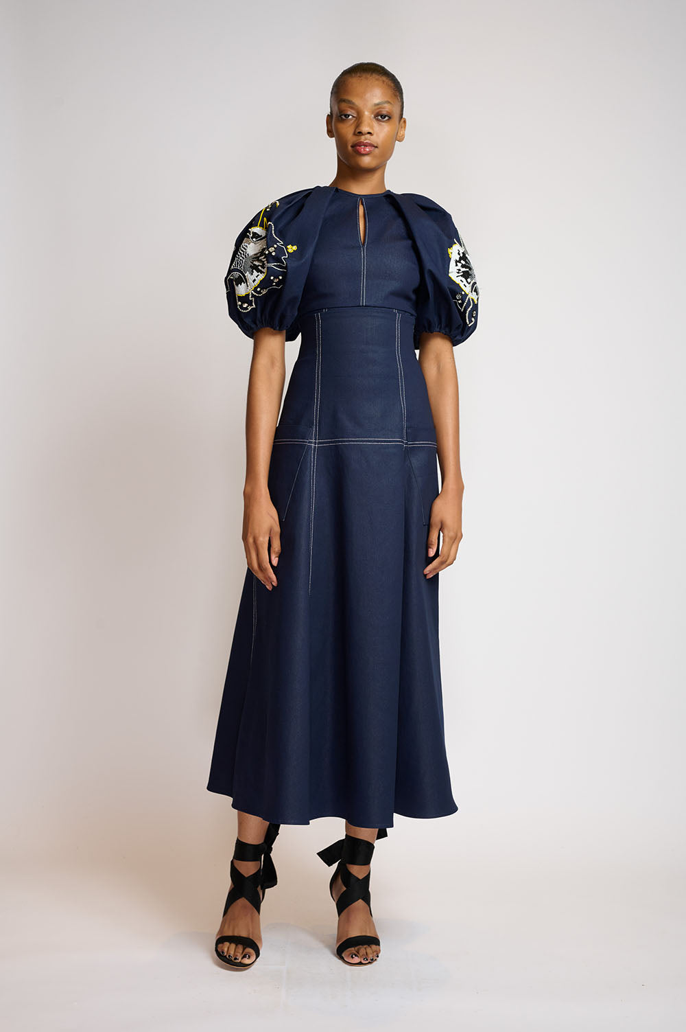 Indigo denim high waisted paneled safari skirt