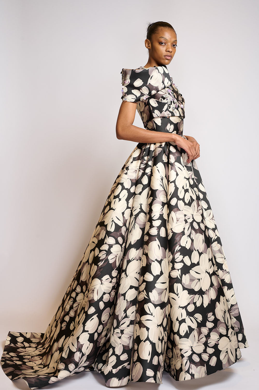 Sepia blossom printed twill ball gown skirt 1