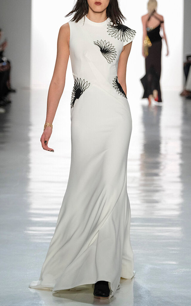 Fan Bugle Bead Embroidered Crepe Gown