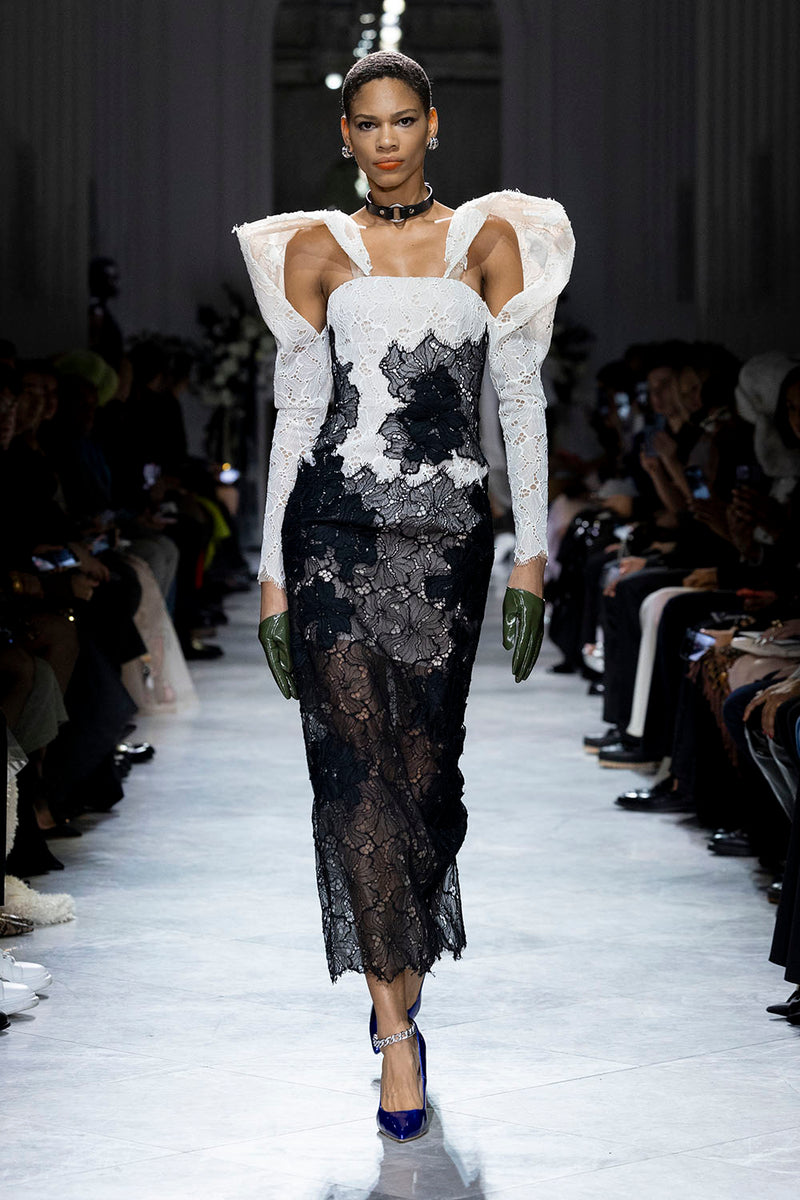 Strapless Onyx and Ivory Lace Cocktail Dress with Draped Sleeves