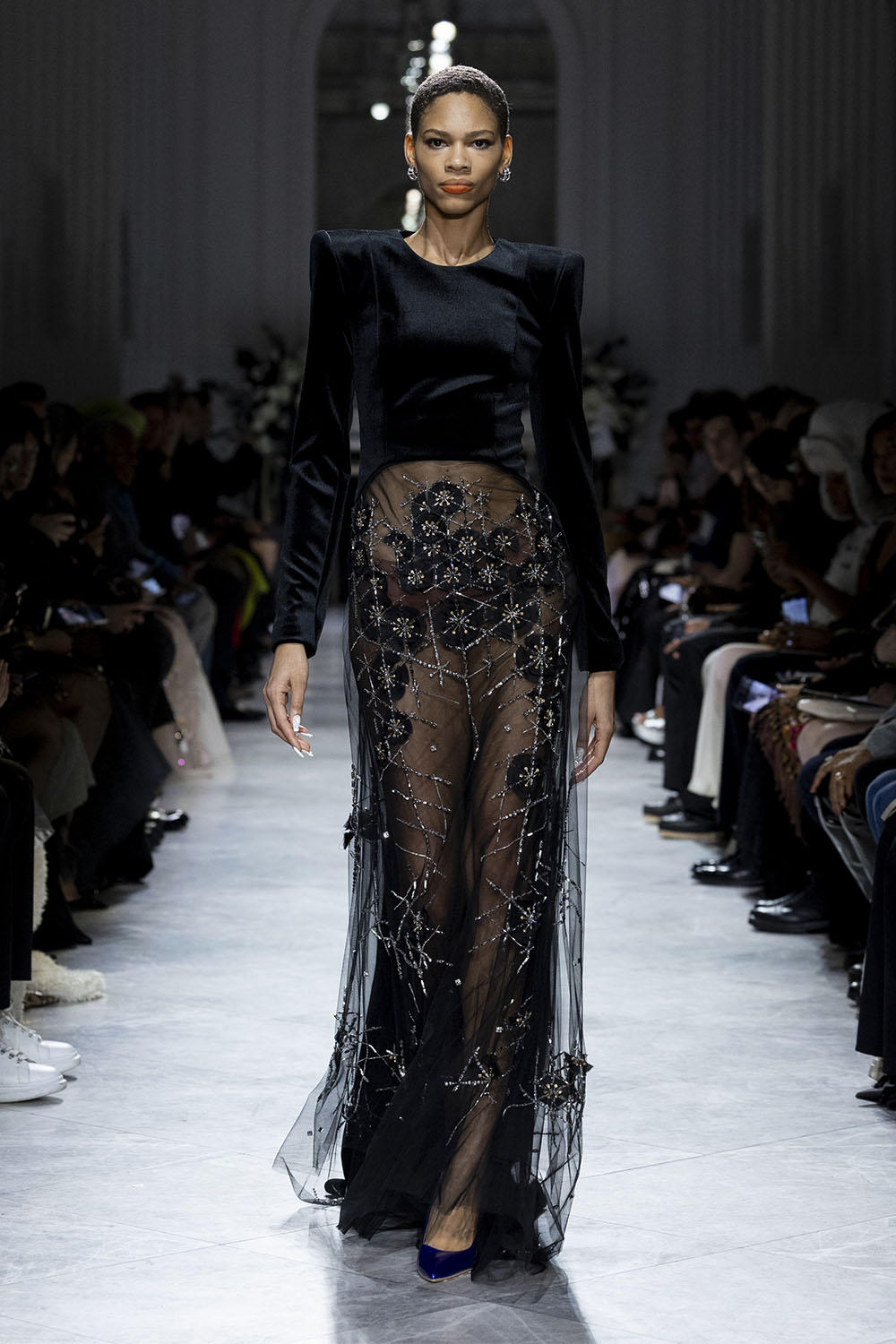 Onyx Velvet and Crystal Lattice Embroidered Tulle Tailcoat Gown