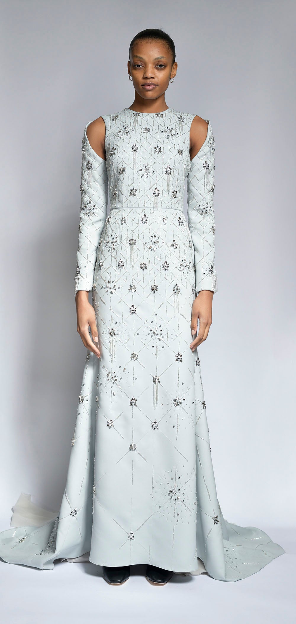 Cloud Cady Lattice Crystal Embroidery Gown with Silk Chiffon Skirt