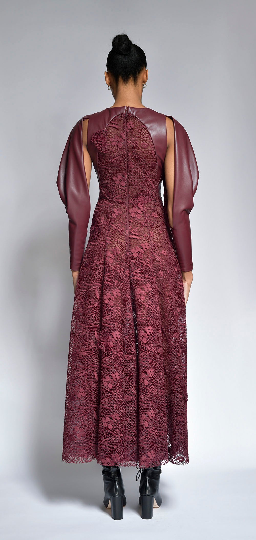 Claret Vegan Leather and Lace Dress with Draped Sleeves