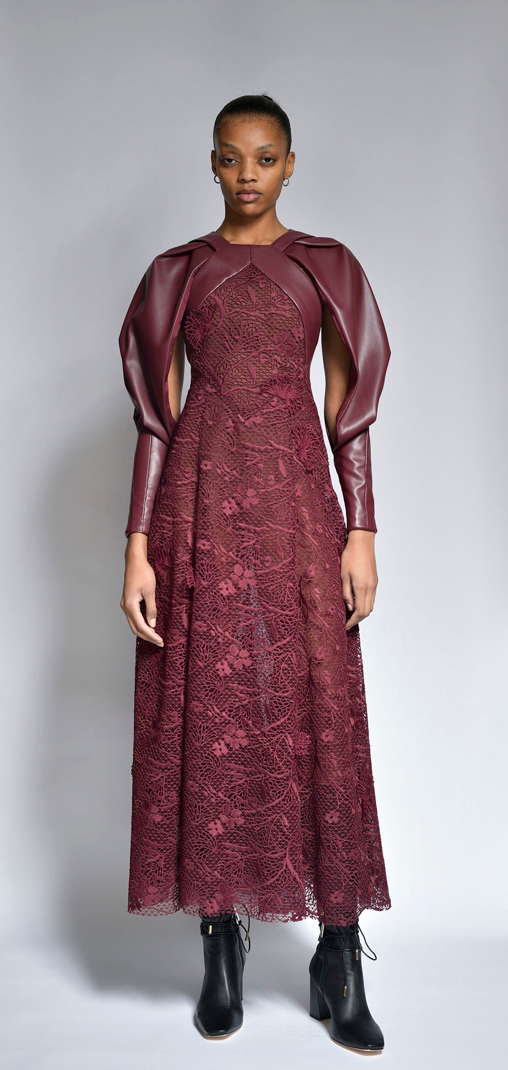 Claret Vegan Leather and Lace Dress with Draped Sleeves